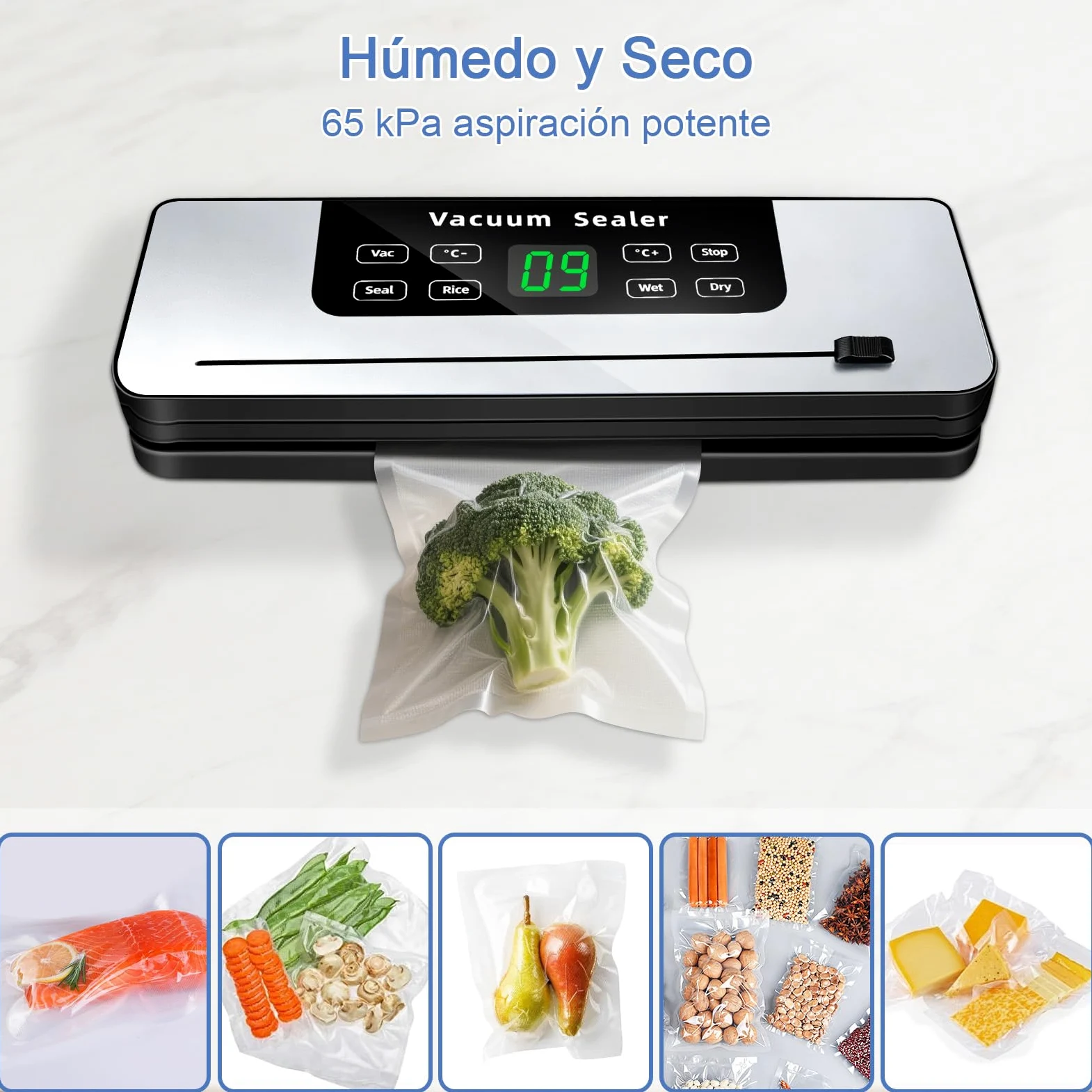 7 in 1 Maquina vacio alimentos, Automático seco que mojado envasadora al vacio, Embasadoras vacio alimentos domestica con Cuchillo de corte, Vacuum Sealer con Tubo de Vacío con 20 bolsas envasar