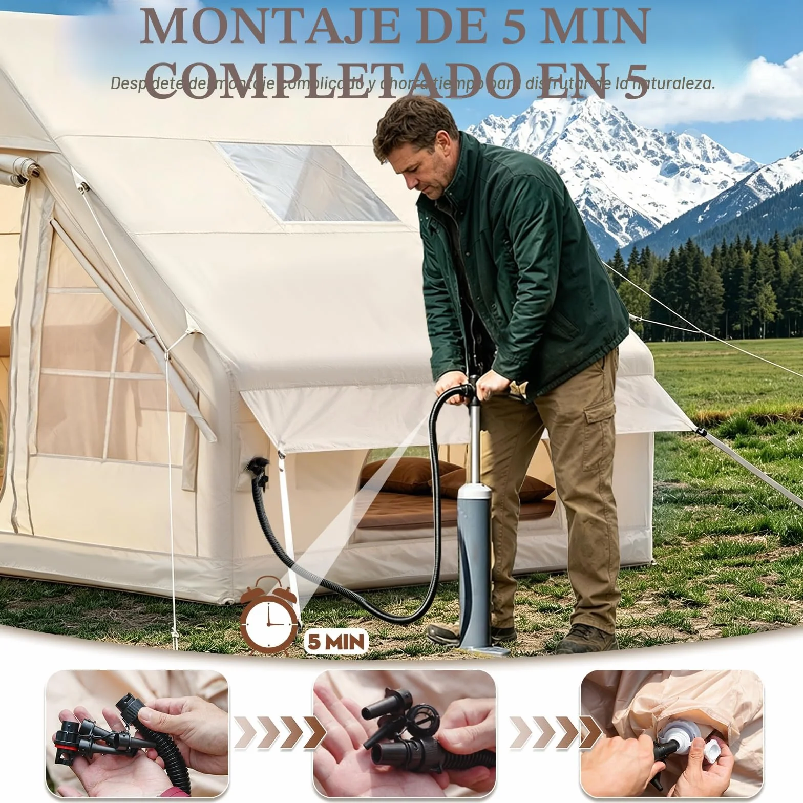 Tienda de campaña inflable 2-8 personas Oxford impermeable 4 estaciones con bomba de aire