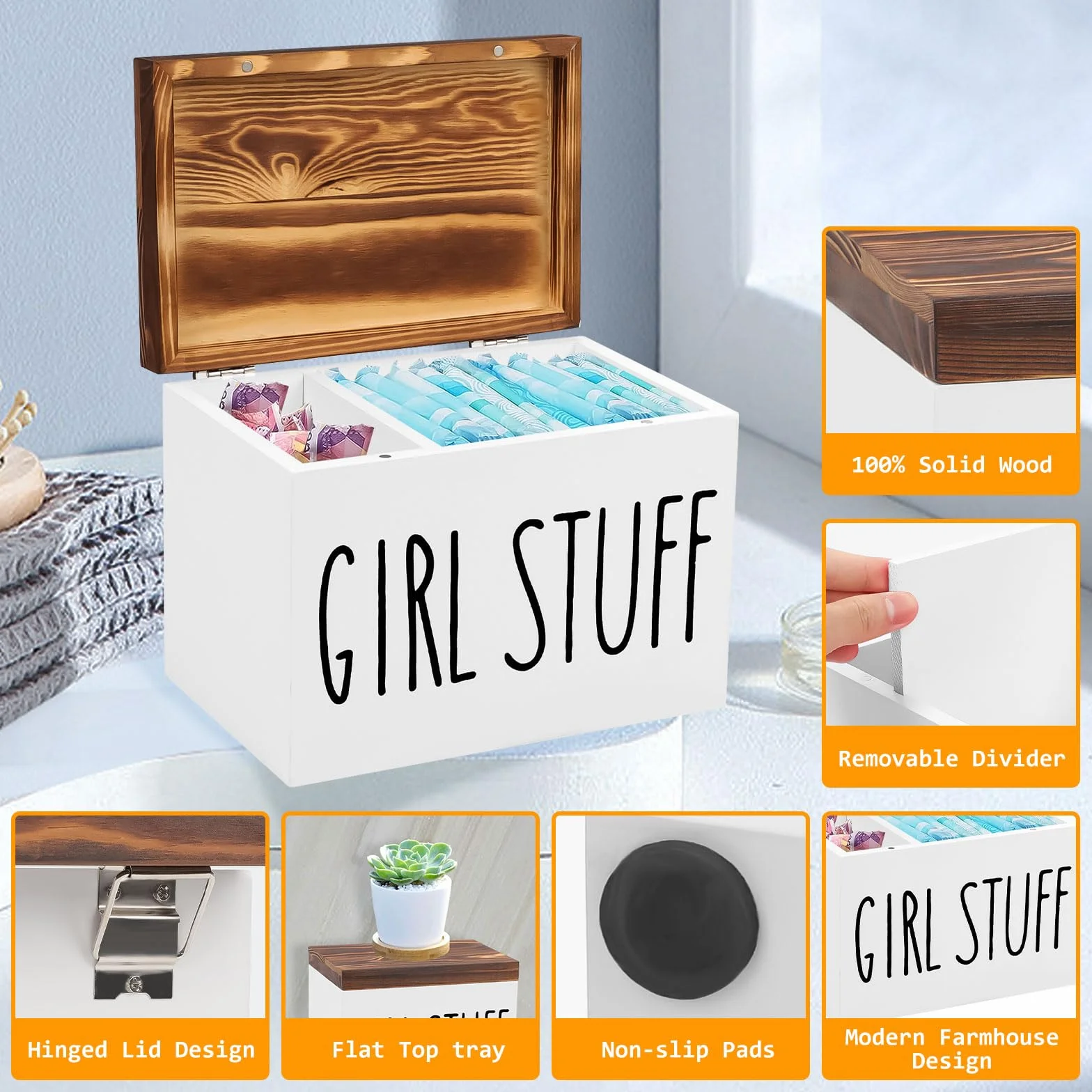 Tefola Caja de almacenamiento para baño de madera, 2 compartimentos con tapa para tampones, compresas femeninas y toallas higiénicas, organizador de artículos de higiene