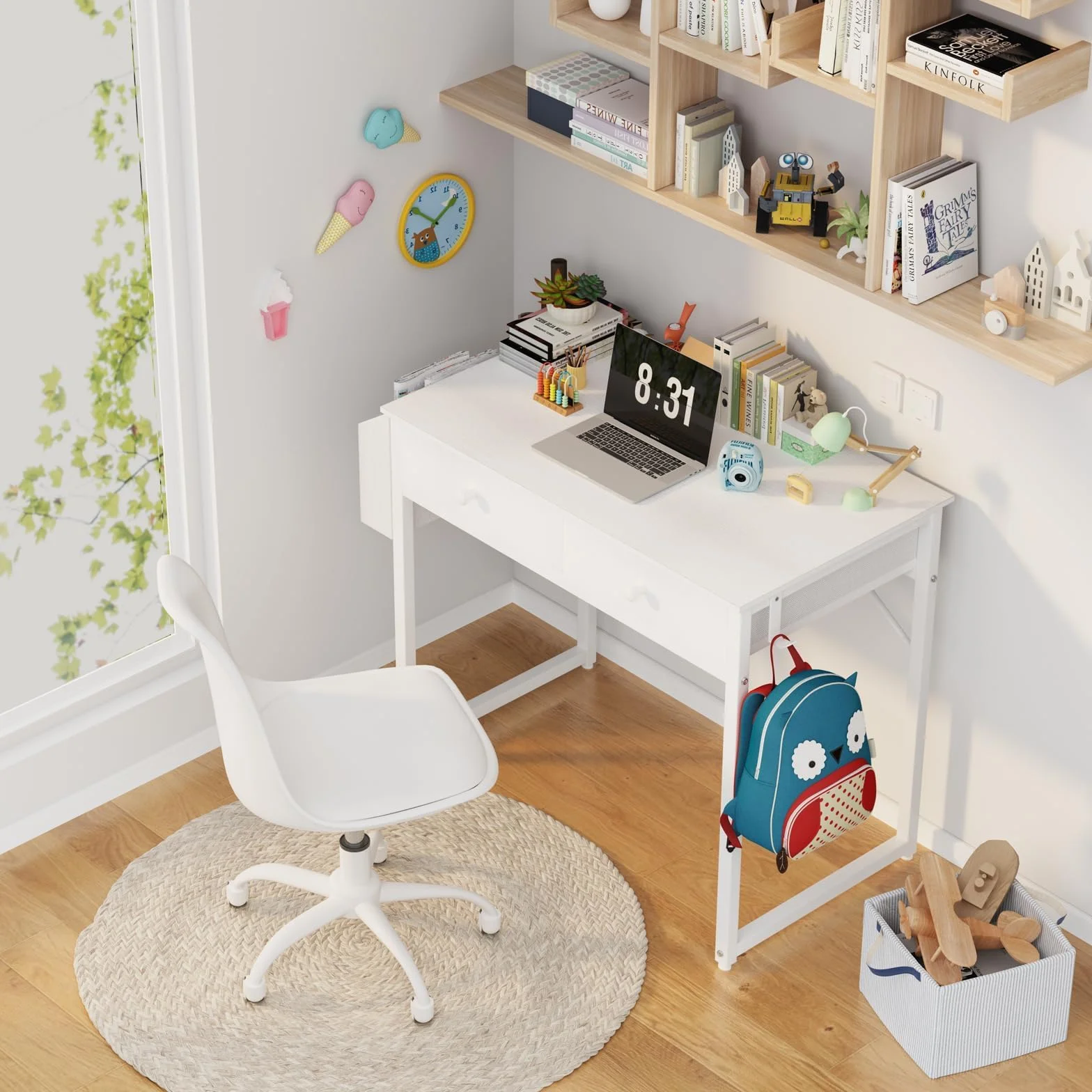 Lufeiya Mesa Escritorio Blanco con cajones, Escritorio Pequeño para Oficina Escritorio Ordenador casa de con cajón de Tela y Bolsa Mesa de Estudio para Espacios 80X40cm
