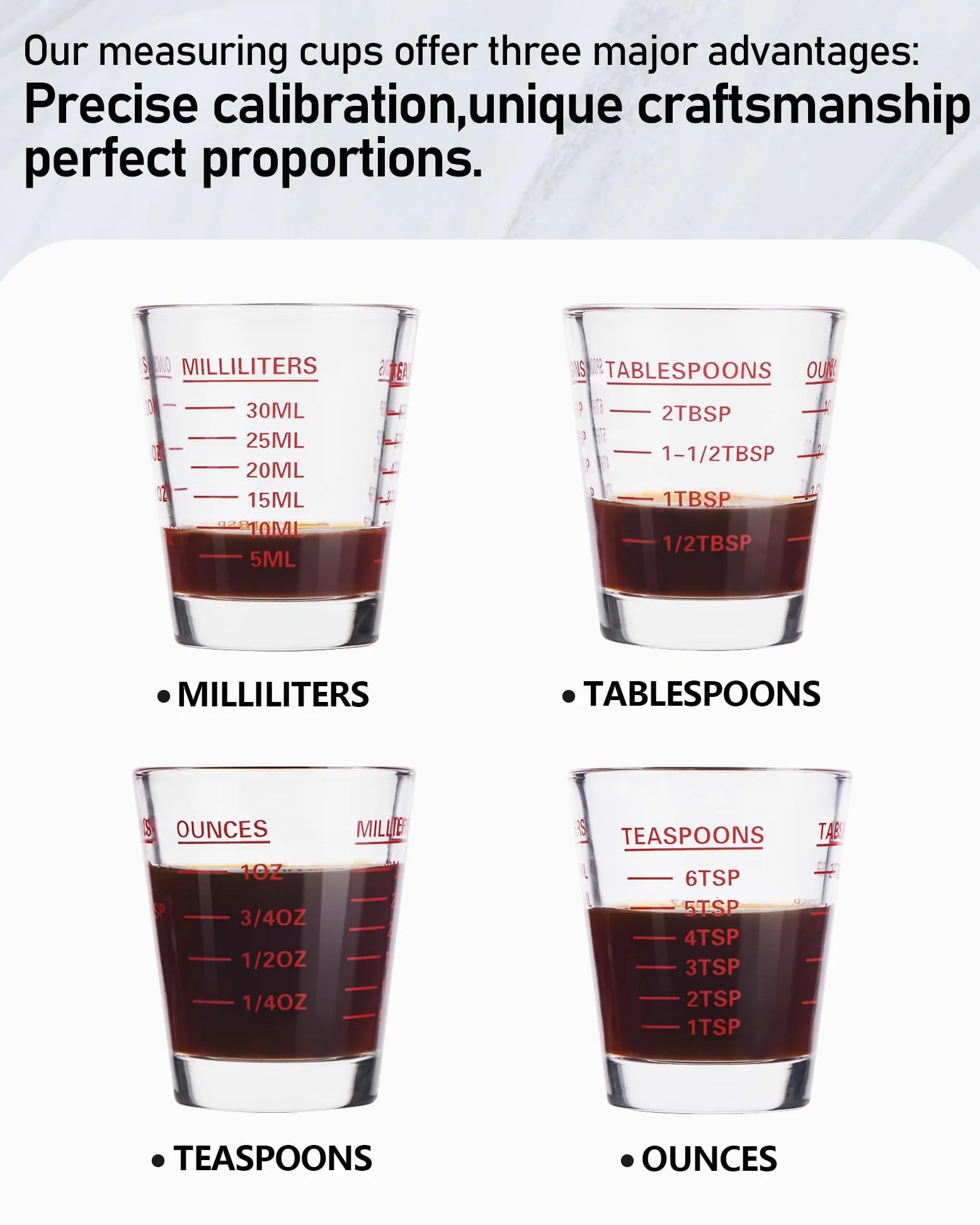 Vasos de chupito medidores, paquete de 2 vasos de chupito para expreso, vidrio pesado líquido, 26 mediciones incrementales, 28.3 g, 2 cucharadas, 6 cucharaditas, 30 ml, herramientas de cocina (rojo)