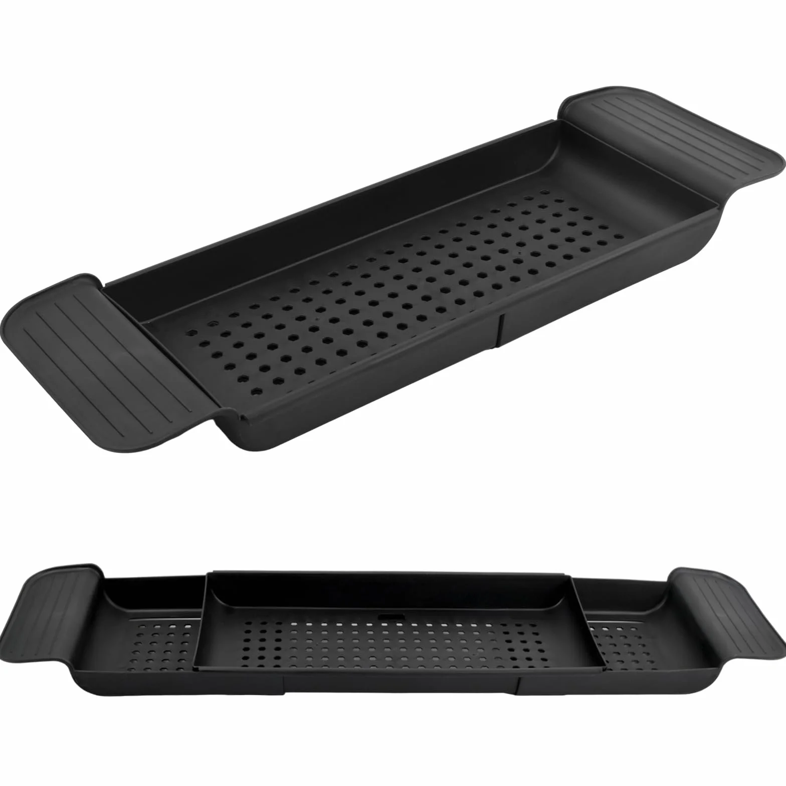 Amexo Bandeja para Bañera con Diseño de Desagüe, de Plástico Expandible, Bandeja para Copas de Vino, Tabletas, Aromaterapia, Peines, Velas, Productos de Baño (Negro)