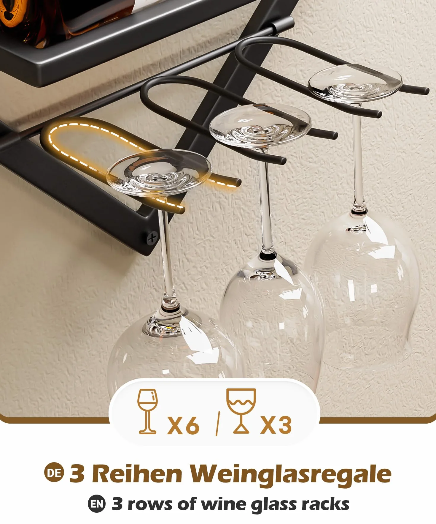 YORBAY Botellero de Pared Metálico con Portavasos: Botellero Vino Decorativo Moderno para 3 Botellas y hasta 6 Copas - Mueble Bar Ahorra Espacio para Salón Bar Cocina