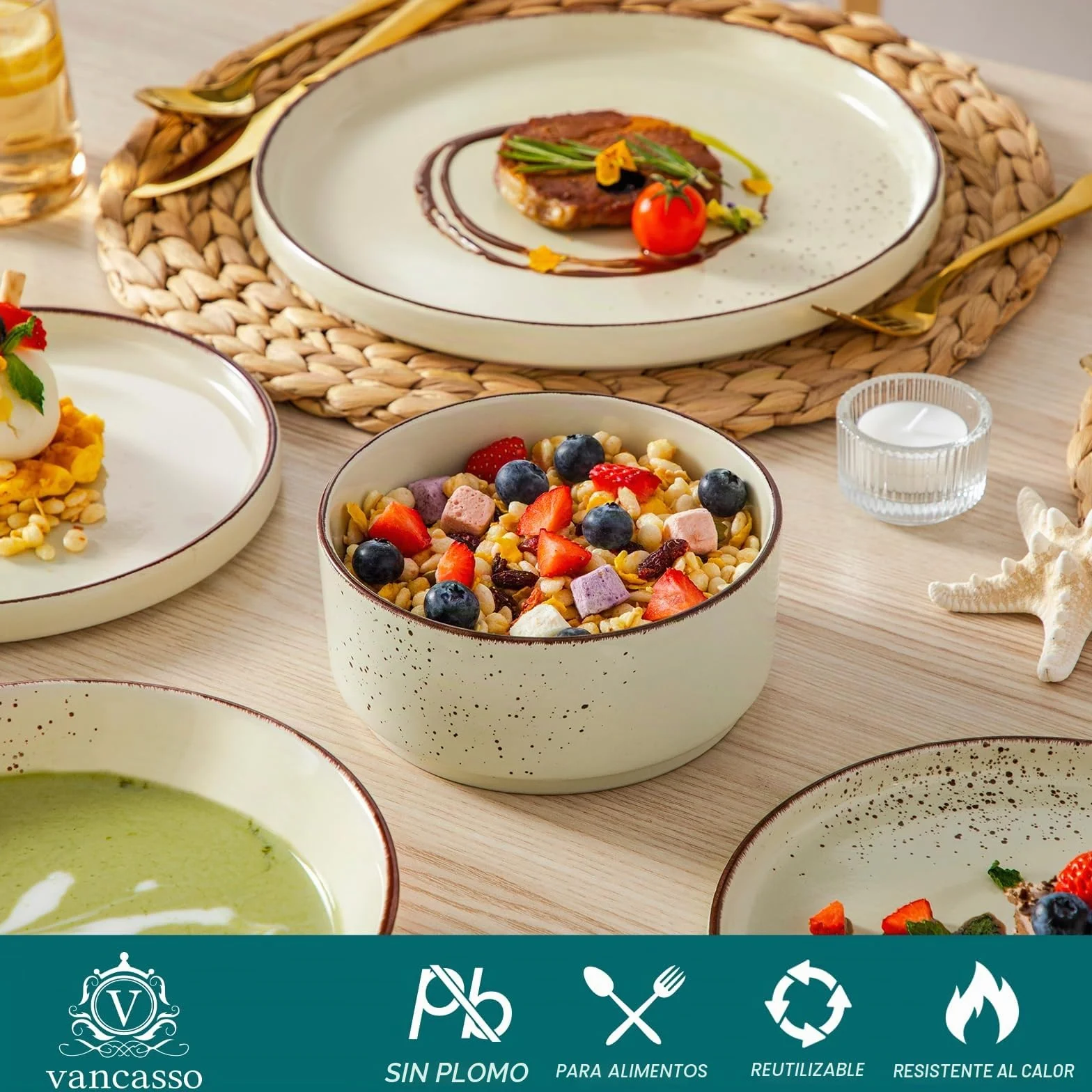 vancasso NAVIA - Vajilla Completa de 24 Piezas para 6 Personas, Platos Vajilla Moderna de Gres - 6 Cuencos Cereales, 6 Postres, 6 Platos Llanos y 6 Hondos - Apto para Microondas y Lavavajillas - Beige