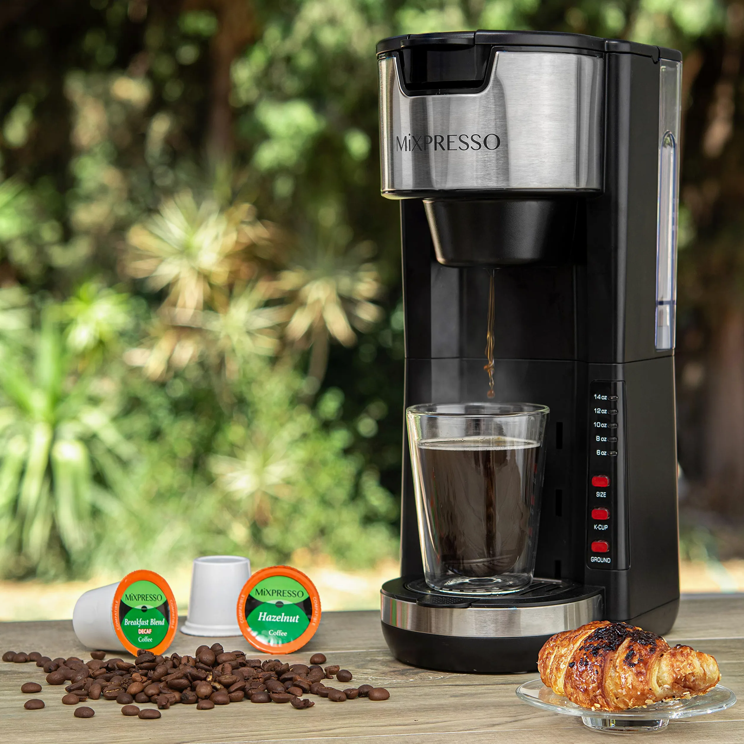 Mixpresso Cápsulas K-Cup para cafetera individual 2 en 1 compatibles con café molido, cafetera compacta con depósito desmontable de 30 onzas, 5 tamaños de infusión y bandeja de goteo ajustable (negro)