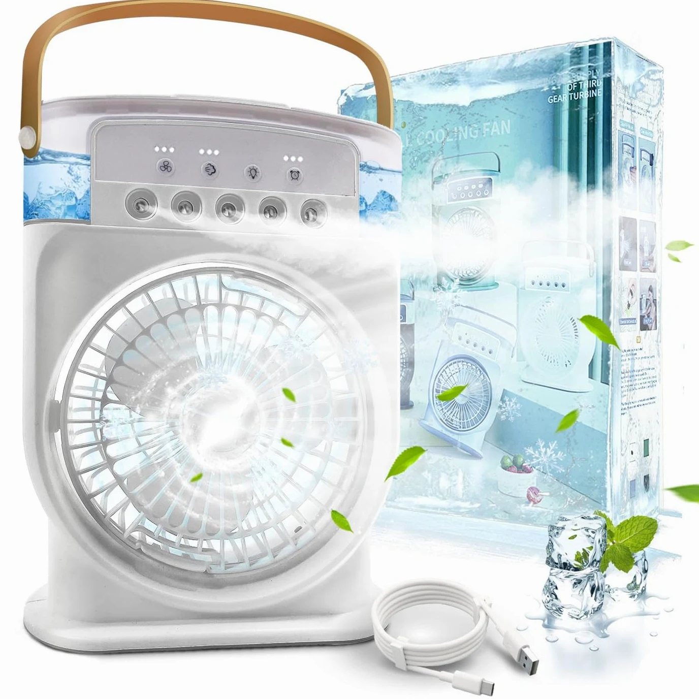 Ventilador Refrigerado por Agua, Mini Ventilador Portátil Acondicionado 4 en 1, Air Conditioner Mini Ventilador Portátil, Climatizador Agua Type-C con Humidificador y Temporizador (Blanco)