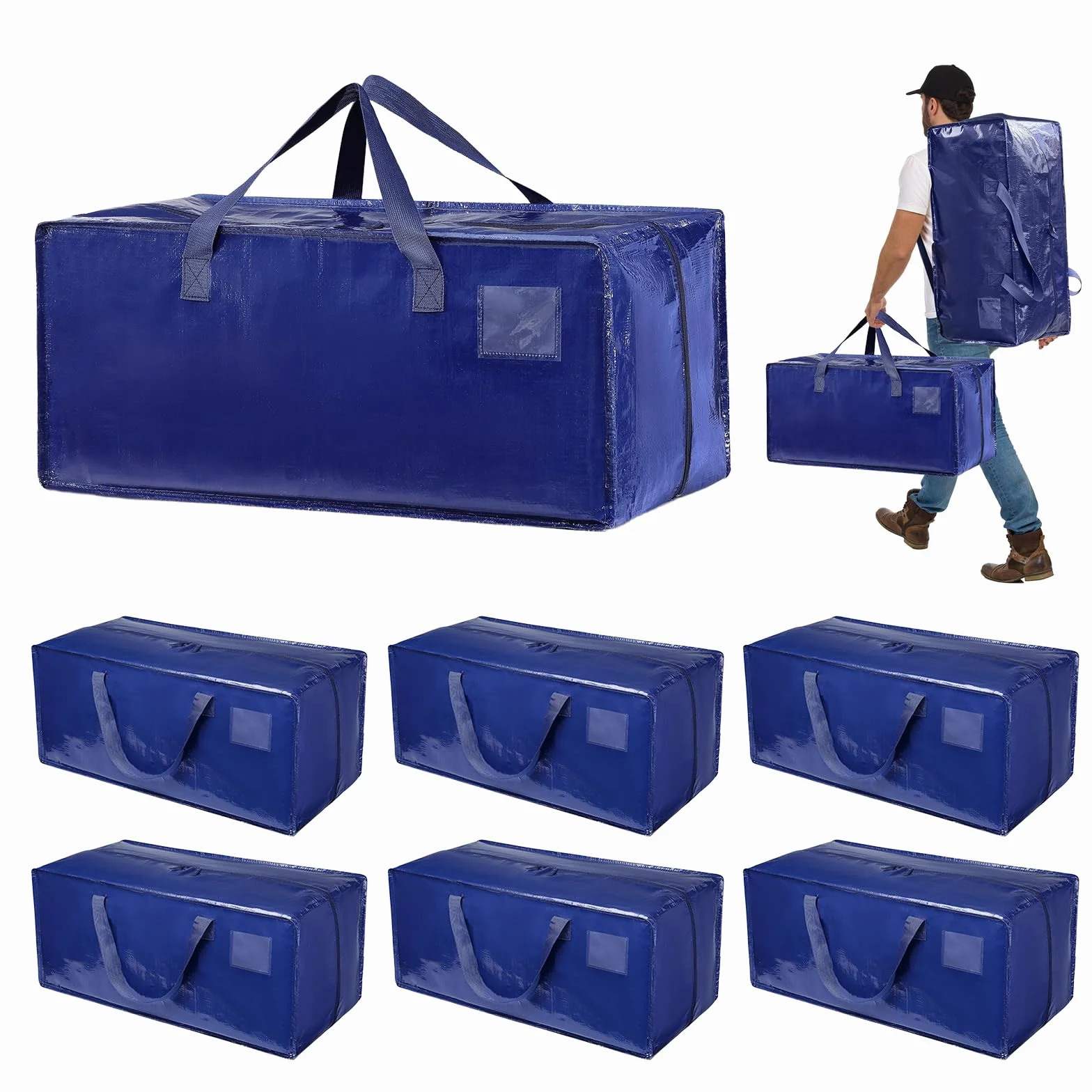 Dokeno Pack de 6 Grande Bolsa de Almacenamiento de Poliéster, Impermeable Bolsas de Mudanza con Cremallera y Asa, Cajas de Mudanza de Gran Capacidad para Ahorrar Espacio y Embalar, Azul