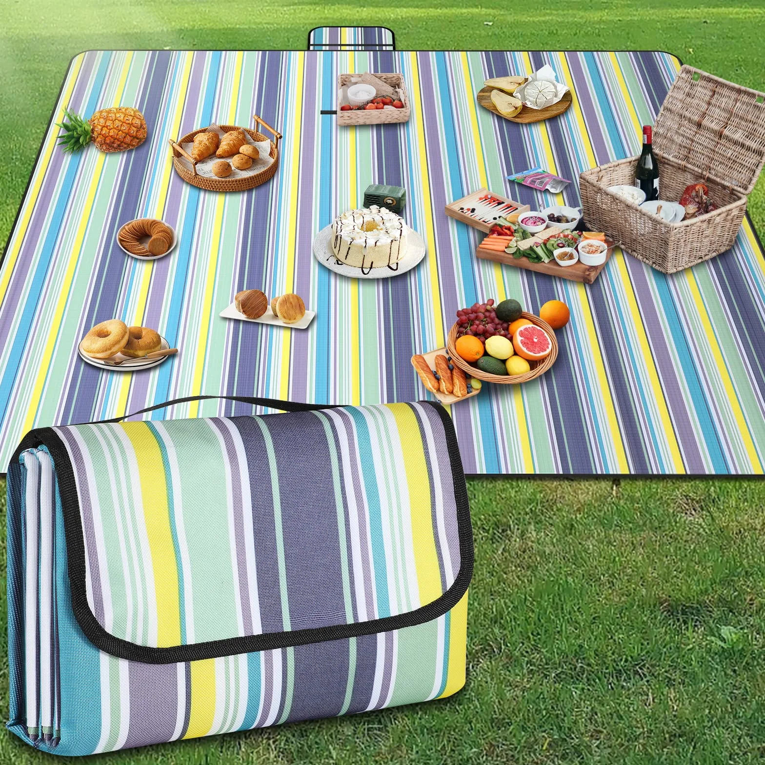 Manta para picnic impermeable 200x200 cm a rayas azules verticales con asa