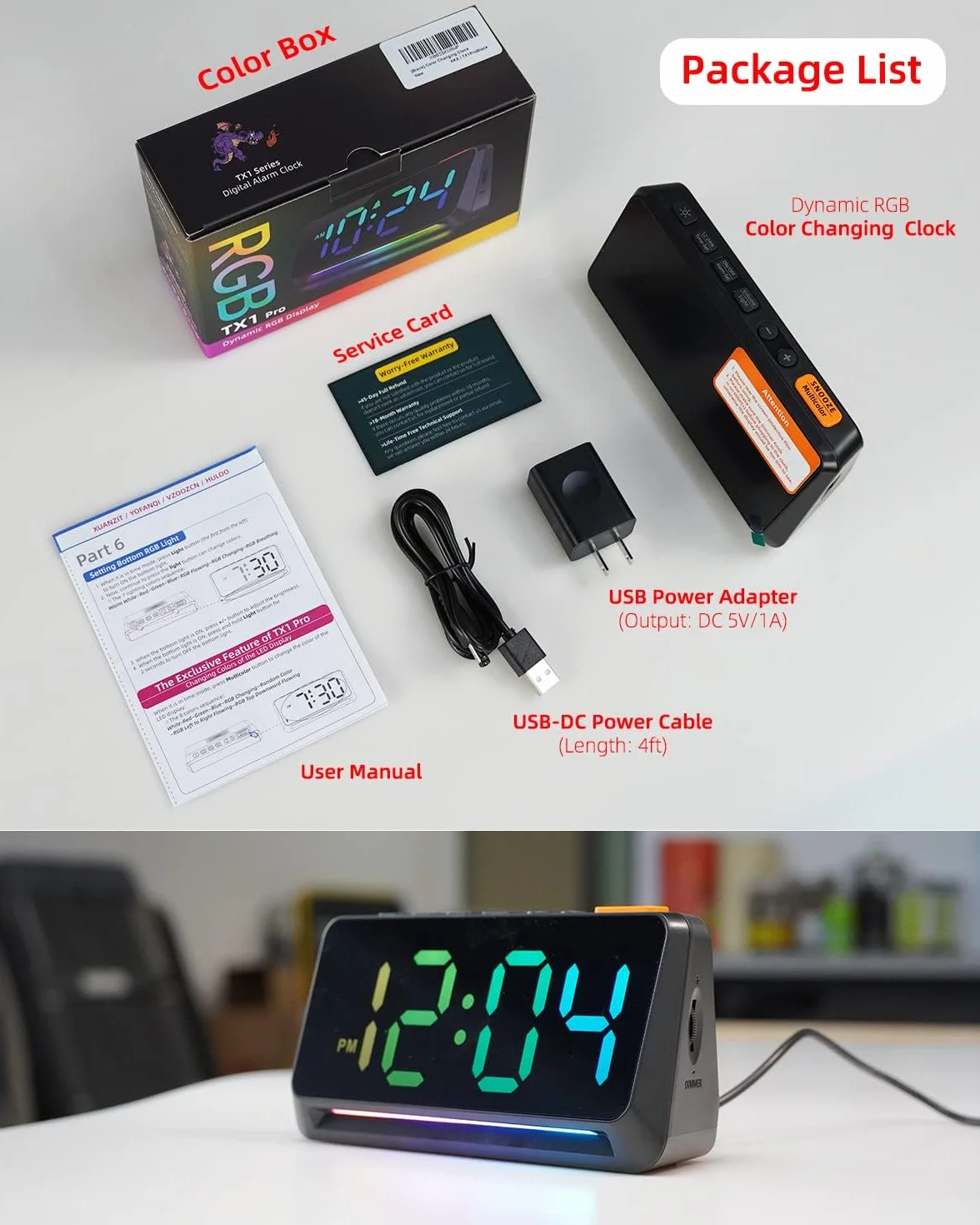 Despertador digital con números grandes, despertador digital con pantalla RGB, reloj digital extra con brillo ajustable, alarma fuerte, despertador enchufable con luz nocturna, puerto de carga