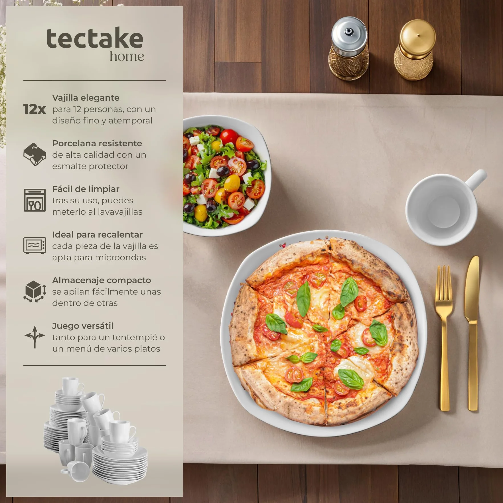 tectake® Juego de Vajilla de Porcelana, 100 Piezas para 12 Personas, Apta para Lavavajillas y Microondas, Platos y Cuencos Apilables, Resistente a Arañazos, Vajilla Completa Ideal para Cocina Moderna