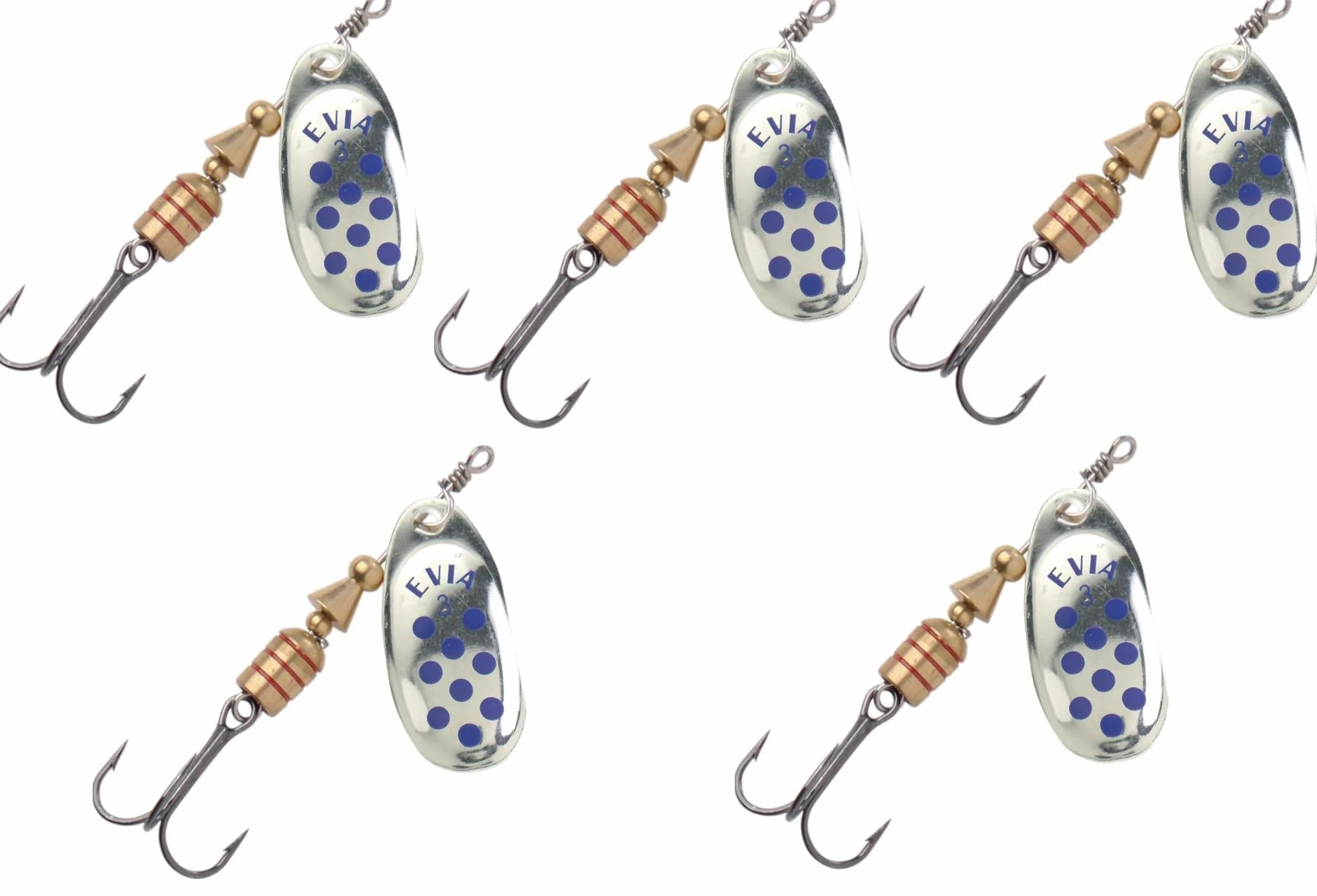 Pack 5 Cucharillas de Pesca Giratorias Modelo Dotty 11 - 7g Plata con Puntos Azules - Señuelos para Trucha, Perca y Lucio