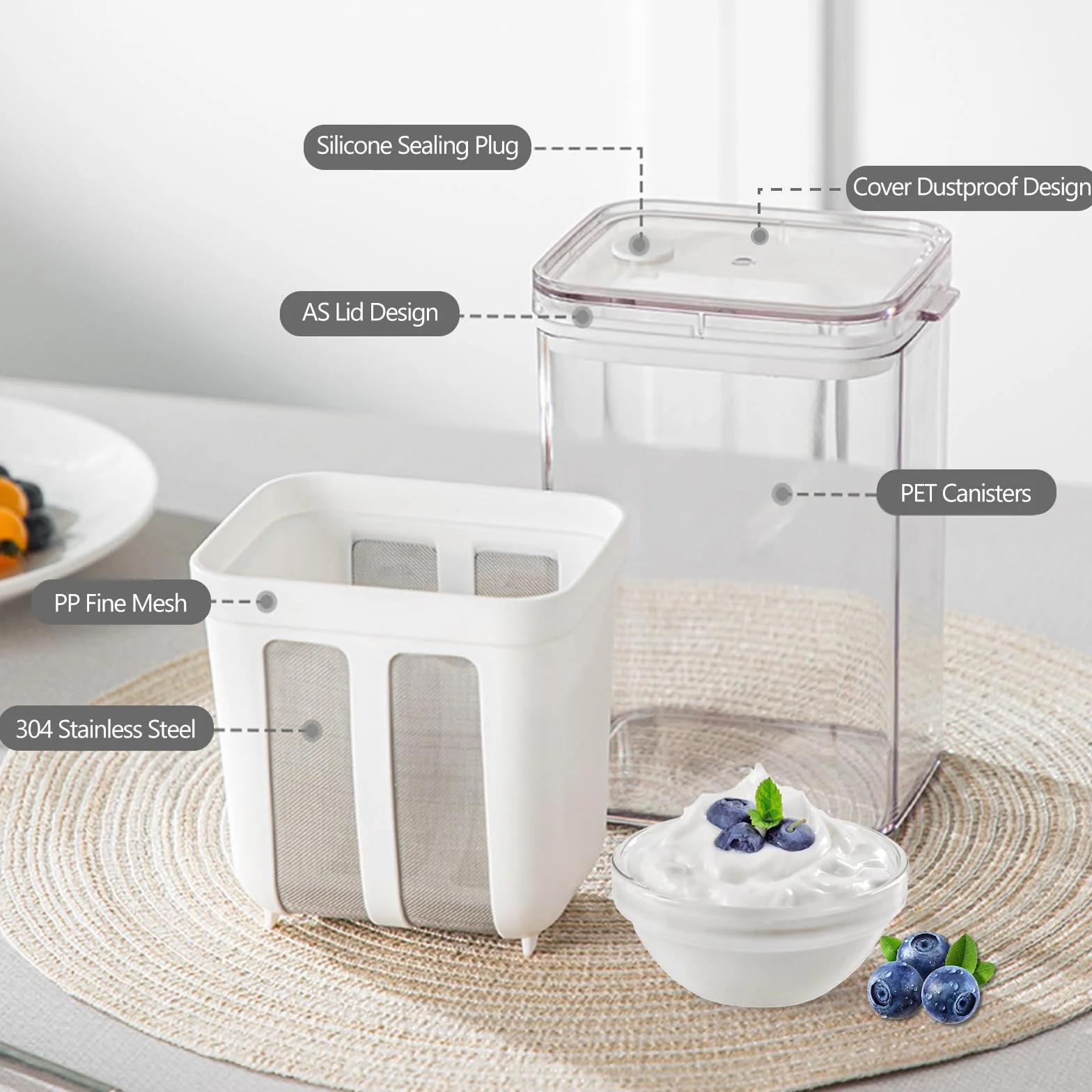 Yogurt Maker Colador De Yogur Griego, Yogurtera con Tapa Colador Lavable con Malla Ultrafina para Trabajo, Viajes, Desayuno, Picnic, 1100 Ml