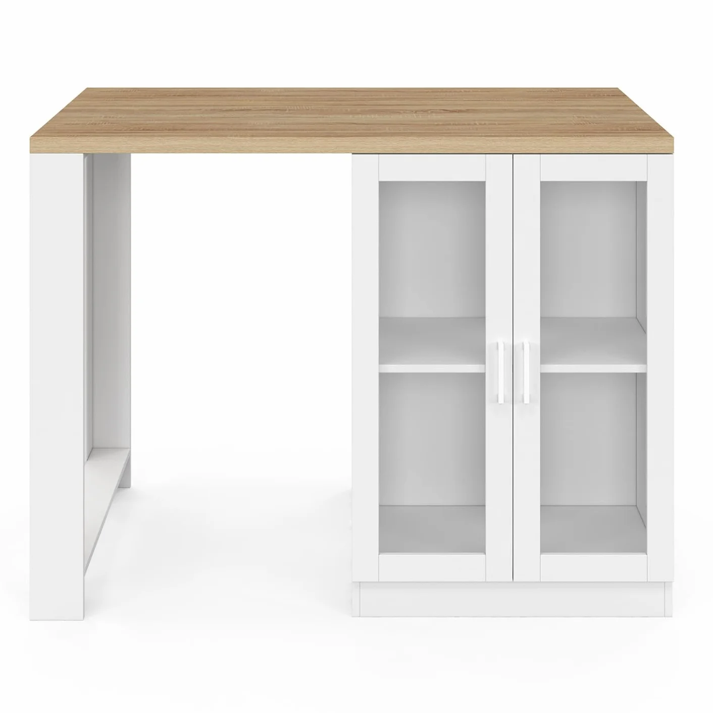 IDMarket – Ilot Central Lino 120 cm 2 personas madera blanca y encimera de madera y puertas acristaladas