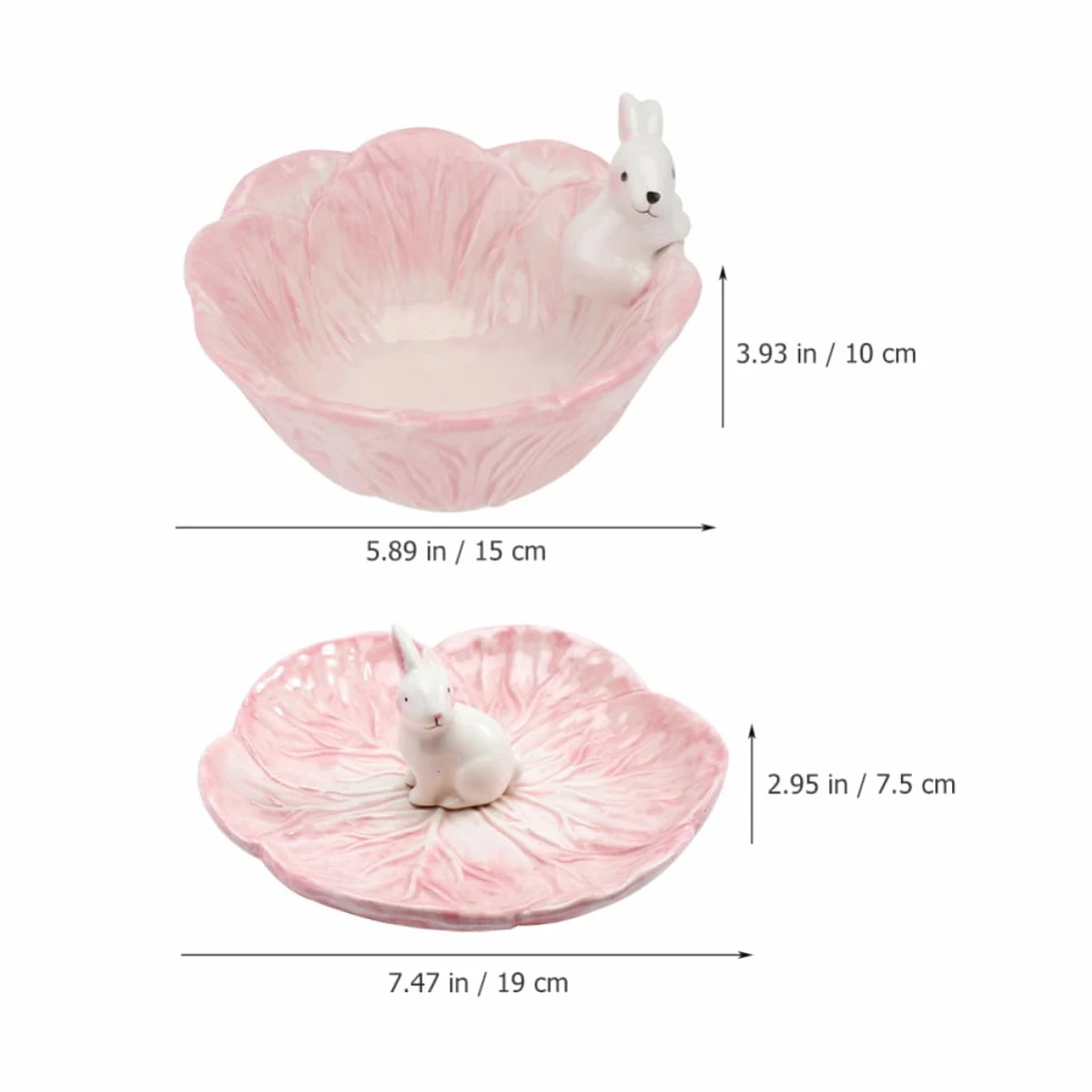 Juego de 2 Tazones de Cerámica Rosa con Estatua de Conejo y Forma de Repollo, Cuencos Elegantes para Desayuno y Reuniones Casuales Diarias