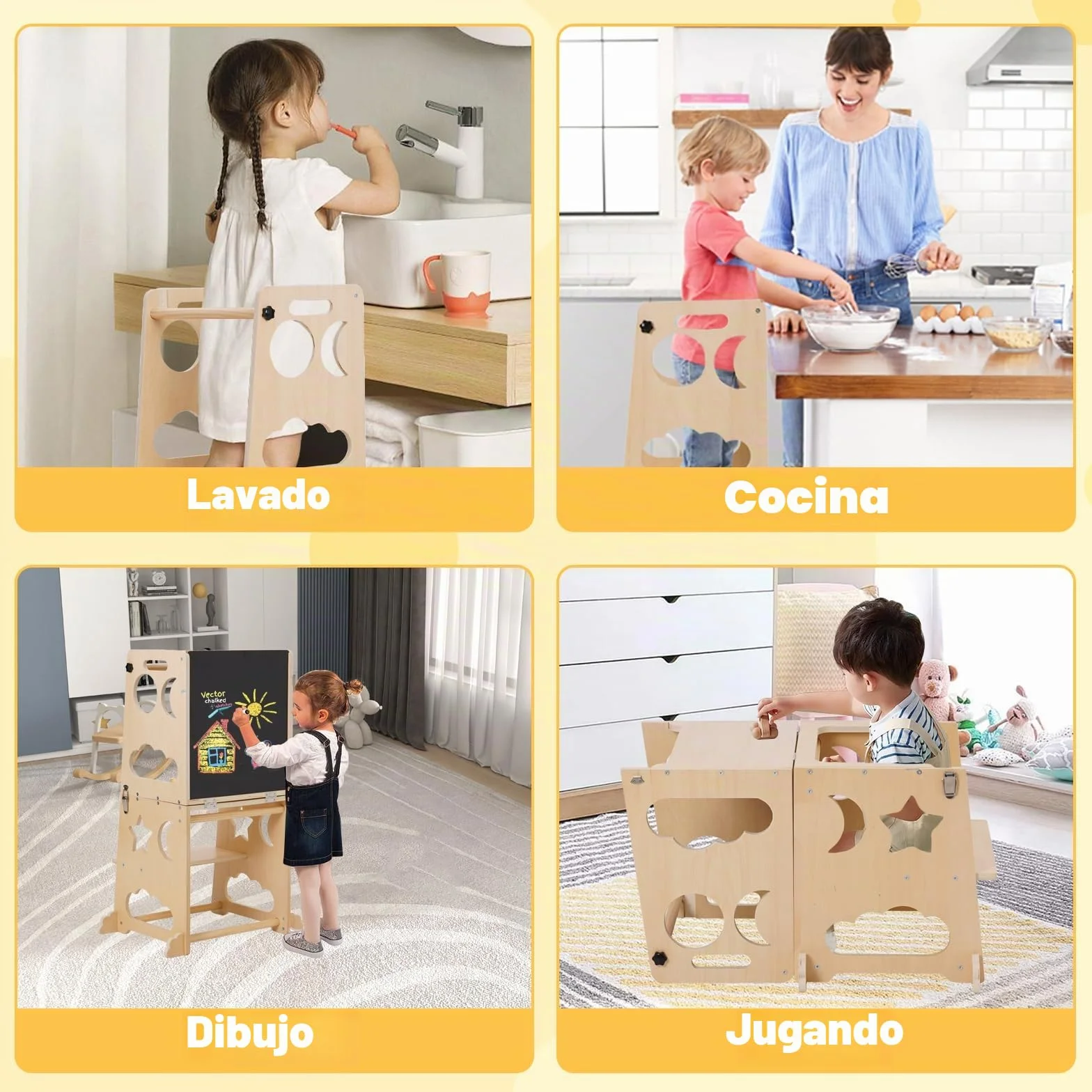 Torre de Aprendizaje Montessori, Torre de Aprendizaje 3 en 1, Taburete Plegable con Pizarra, para Niños de Madera, Taburete de Cocina Auxiliar para Niños, Adecuado para Mesa de Cocina y Baño