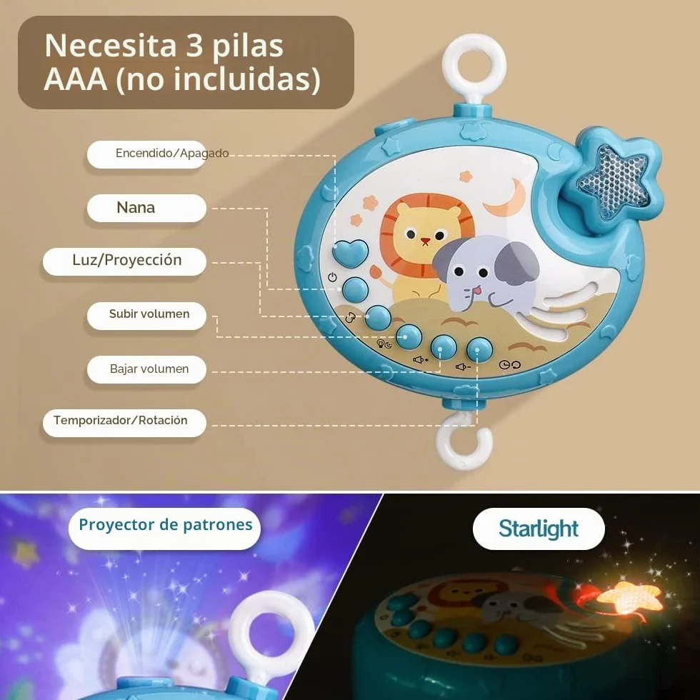 Mini Tudou Móvil de cuna con proyección estelar y función de tiempo, musical con melodías y luces, sonajeros para animales, juguete para recién nacido 0-6 meses