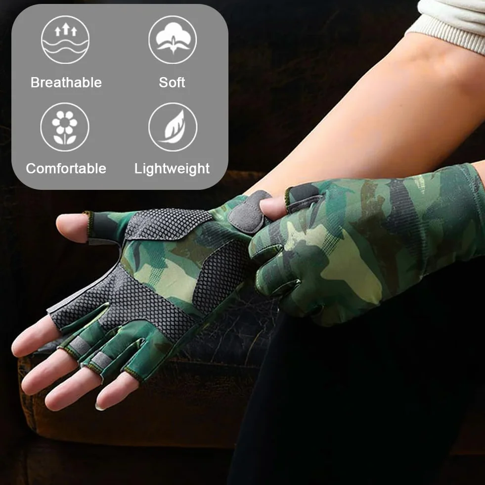 Guantes de Pesca sin Dedos, Guantes de Kayak con Protección Solar, Camuflaje, Antideslizantes para Senderismo y Ciclismo (Verde, XL)