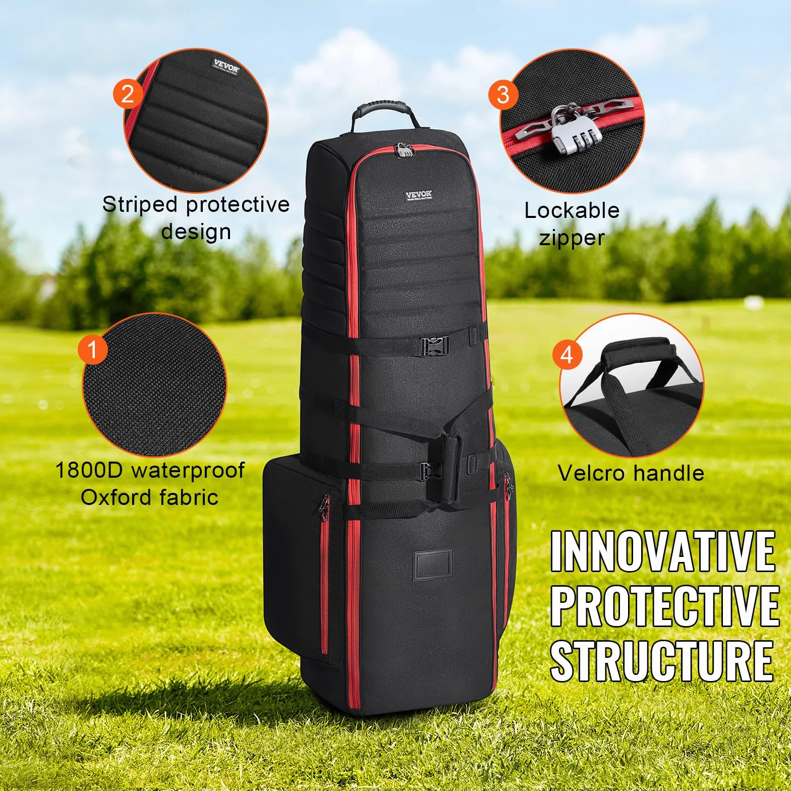 VEVOR Funda de Viaje de Golf Blanda, Poliéster Oxford 1800D, Resistente al Agua, Acolchada, con Ruedas, Plegable, 520 x 450 x 1420 mm