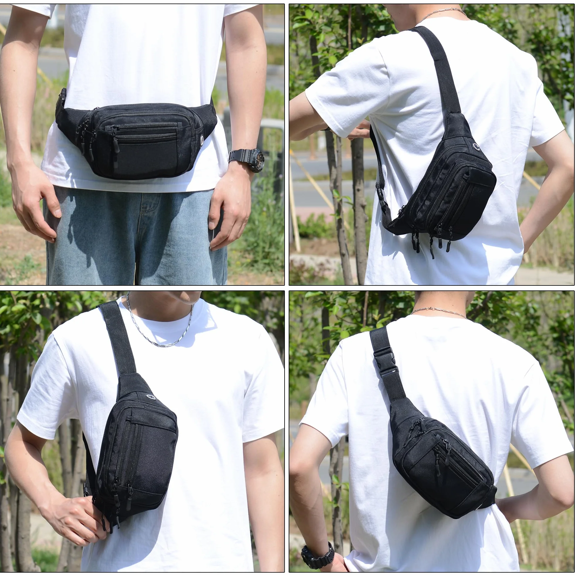 Riñonera Deportiva Unisex con Cinturón Ajustable 30 cm 6 Bolsillos Cremallera Negro