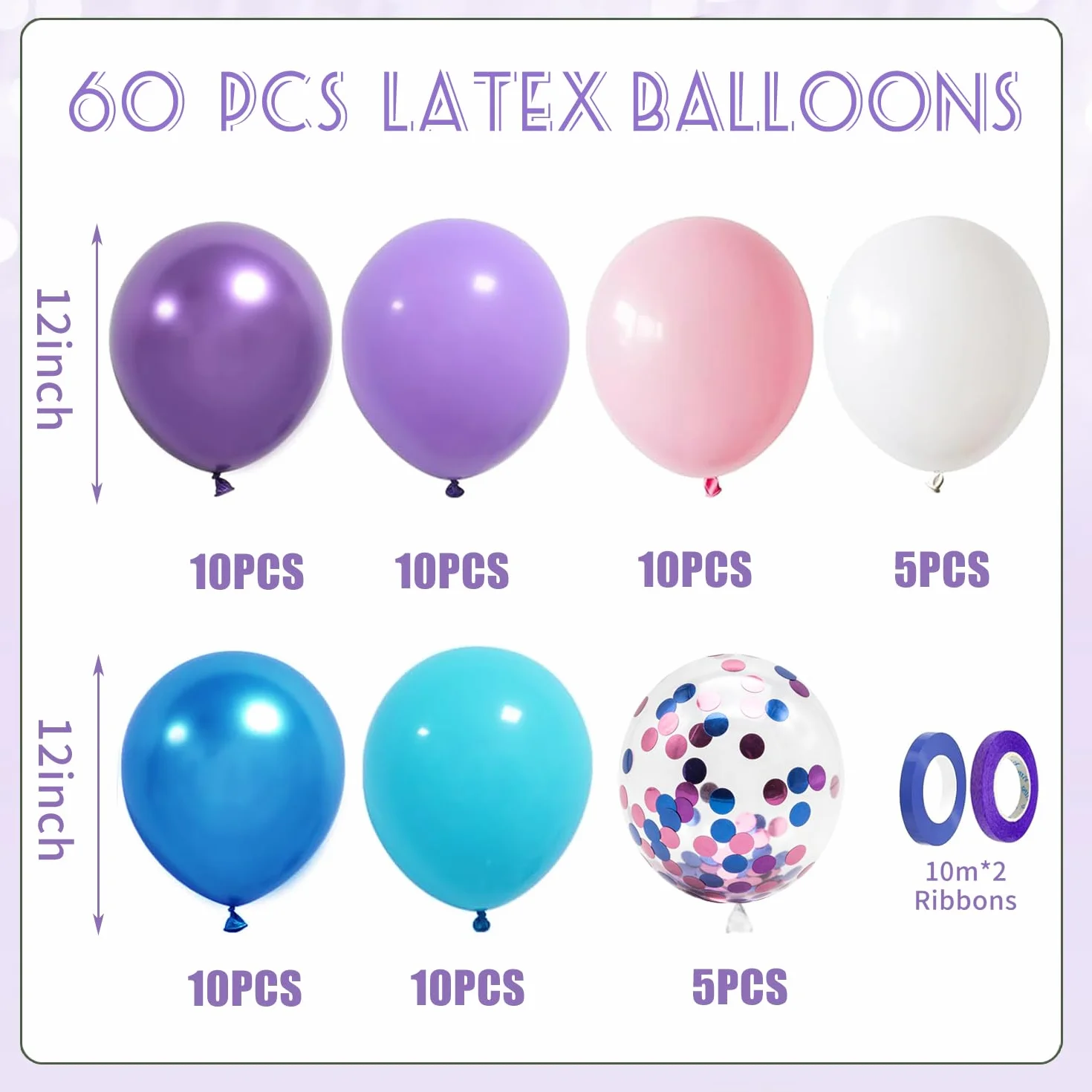 Globos Rosa Morado Azul, 60 Piezas Globo Rosa Morado Blanco Azul Con Globo De Confetti Dorado, Globos Púrpura Pink Para Fiesta Cumpleaños Baby Shower Niña Decoraciones Género Despedida de Soltera