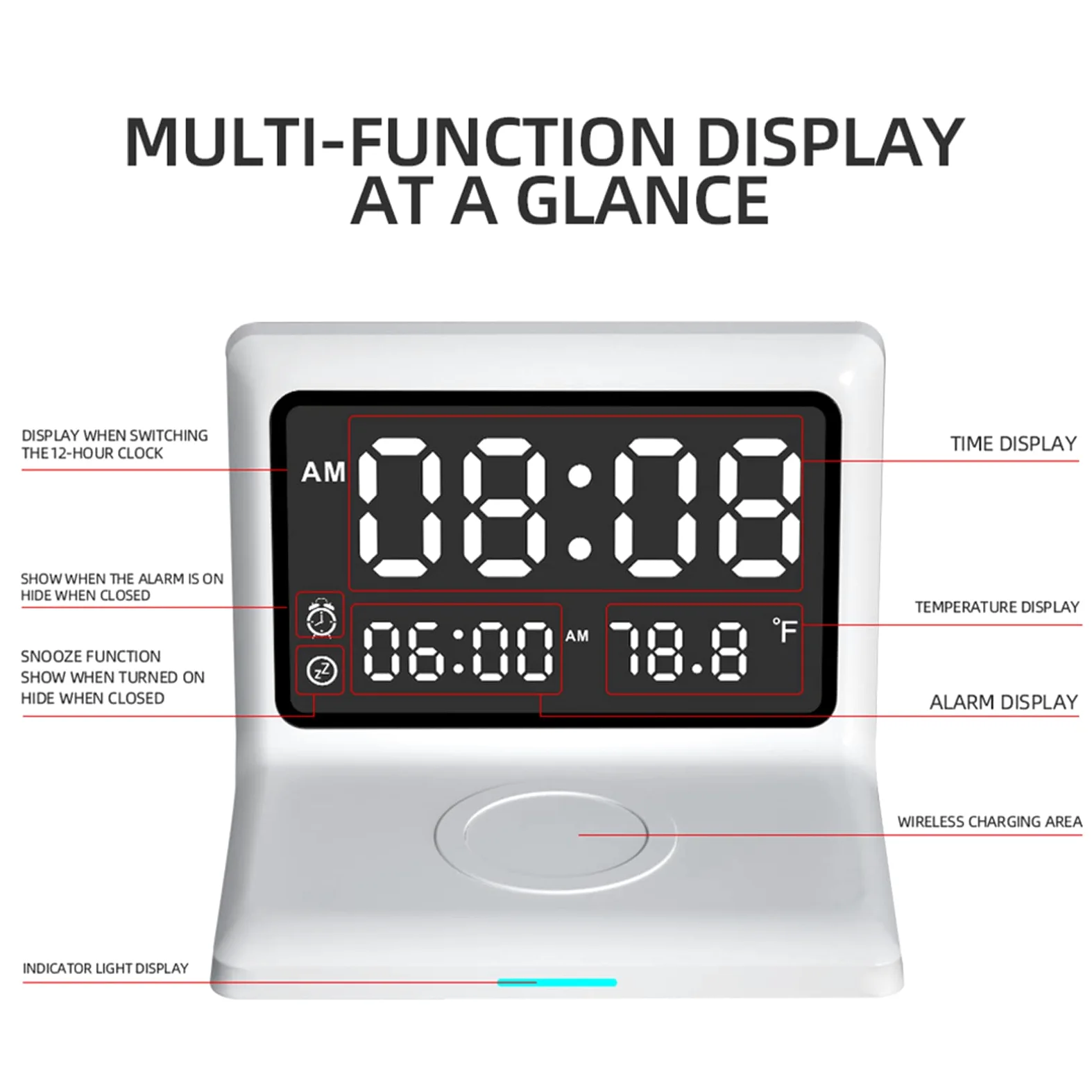 Reloj Despertador, Cargador Inalámbrico Rápido Espejo Reloj Despertador LED Digital Teléfono Soporte de Carga Inalámbrico Calendarios Perpetuos Termómetro para iOS para Xiaomi,Blanco
