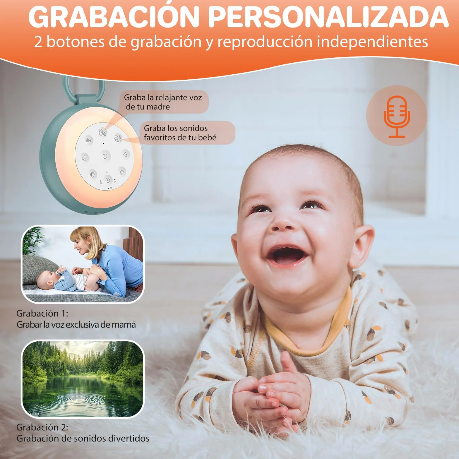 FUNYKICH Máquina de Ruido Blanco Portátil 24 Sonidos para Bebé con Memoria y Grabación Luz Nocturna Brillo Ajustable Batería Recargable