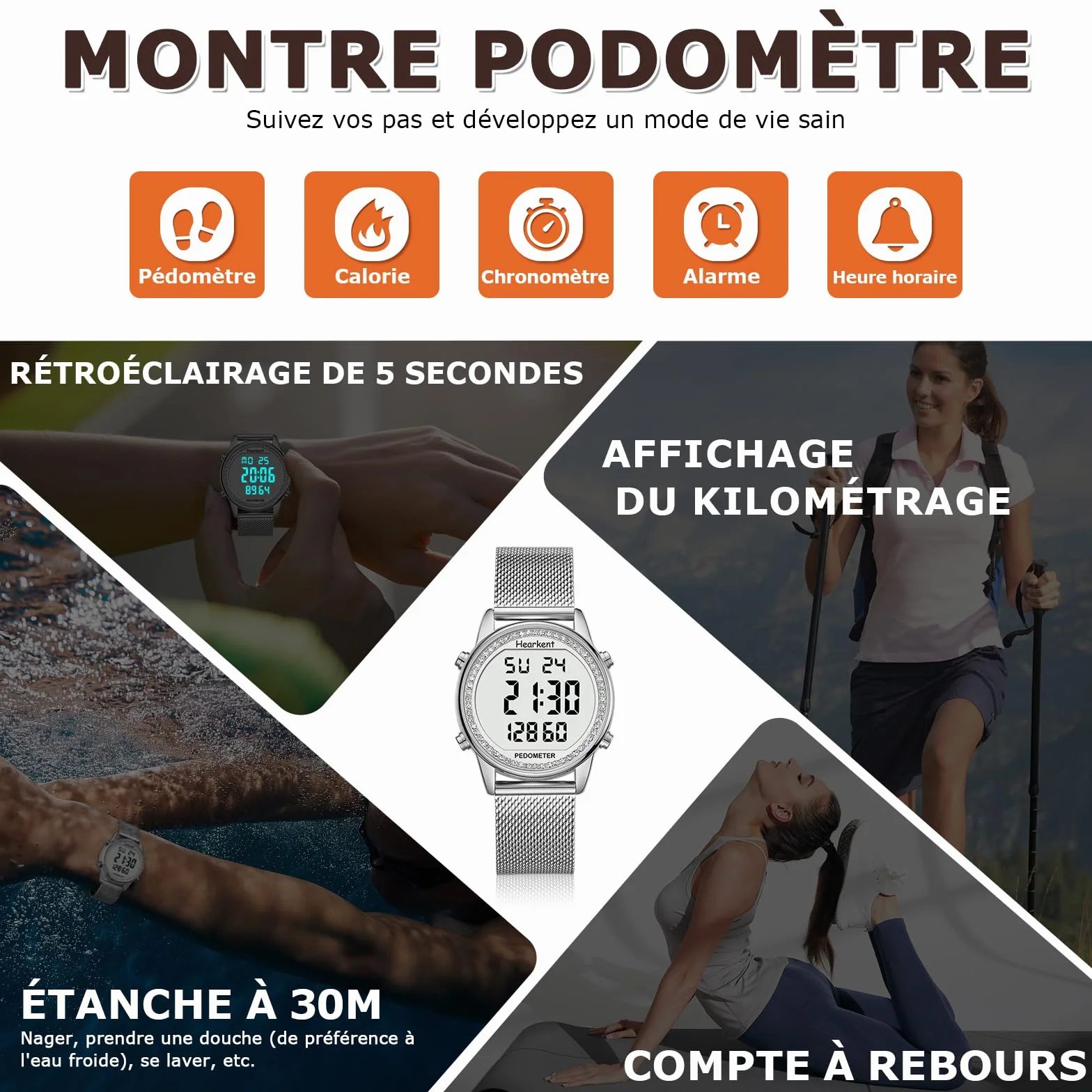 Hearkent - Reloj podómetro para mujer, correa de nailon flexible, sin aplicación ni carga necesarias, con conteo de pasos, calorías de distancia, reloj y retroiluminación de pantalla