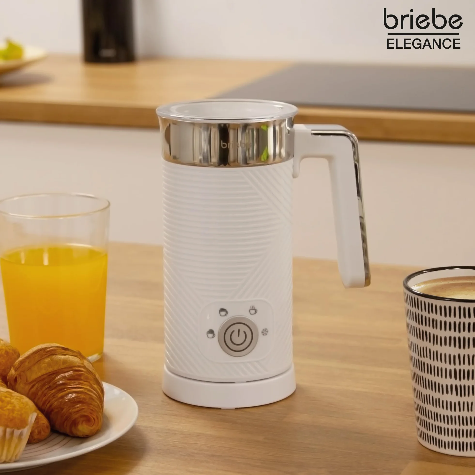 briebe Elegance Espumador de Leche Eléctrico Calentador 4 en 1, Espuma Fría/Caliente 130ml para Café Latte, Capuchino, Macchiato, Leche Caliente 300ml, Milk Frother, Libre BPA, 500W, Diseño Blanco