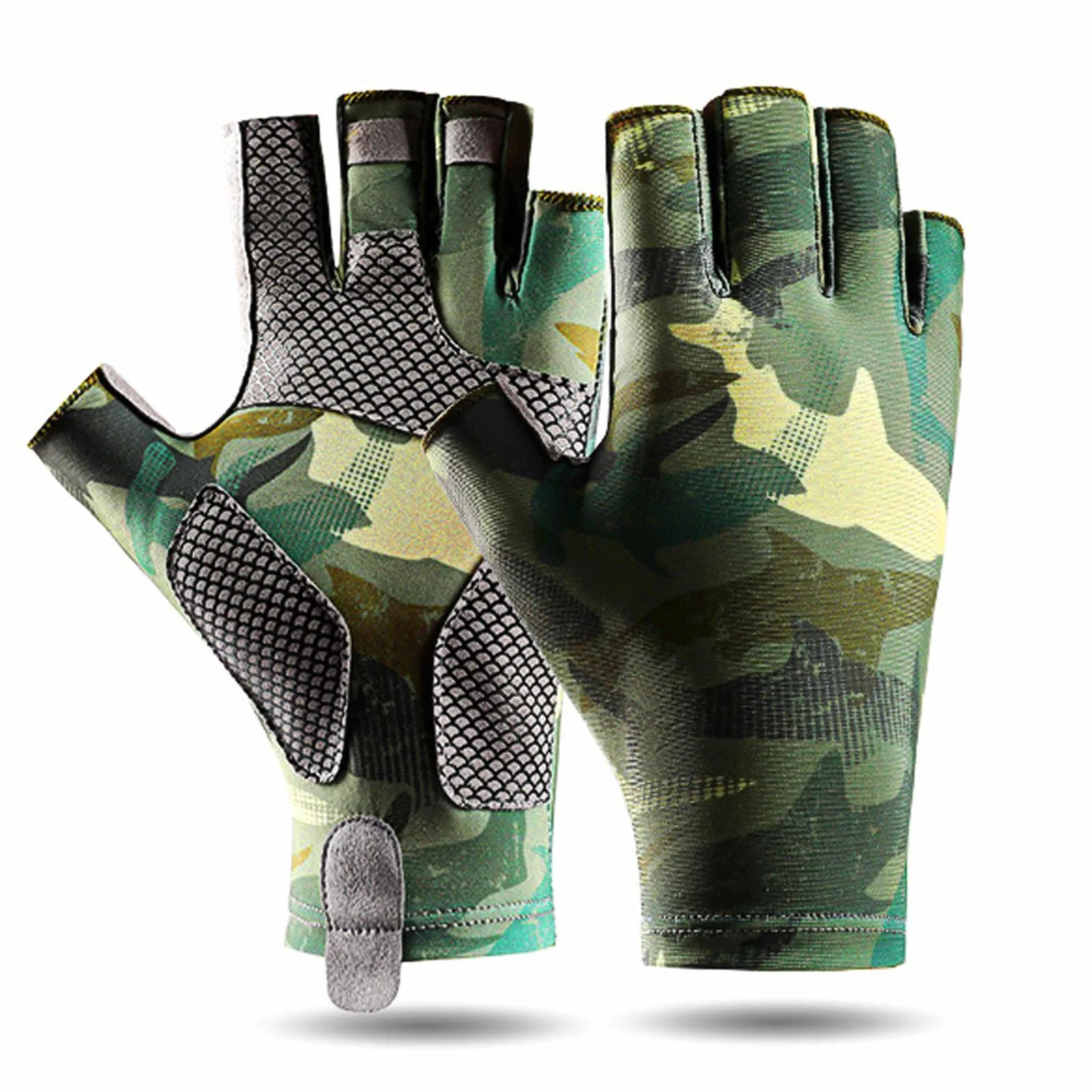 Guantes de Pesca sin Dedos, Guantes de Kayak con Protección Solar, Camuflaje, Antideslizantes para Senderismo y Ciclismo (Verde, XL)