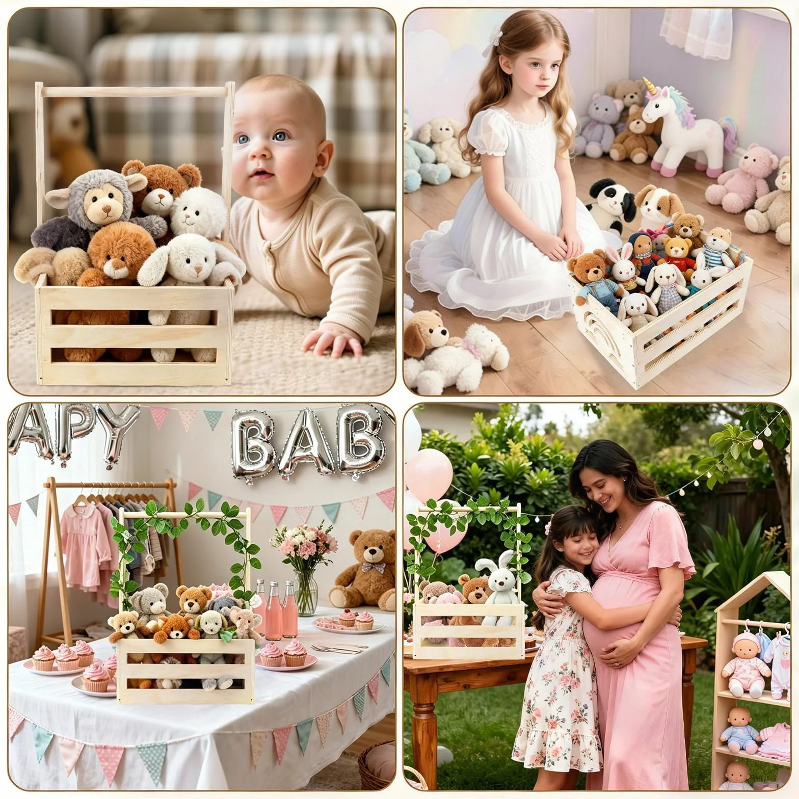 Cesta de Madera para Bebé con Asa, Regalo Baby Shower, Armario Práctico