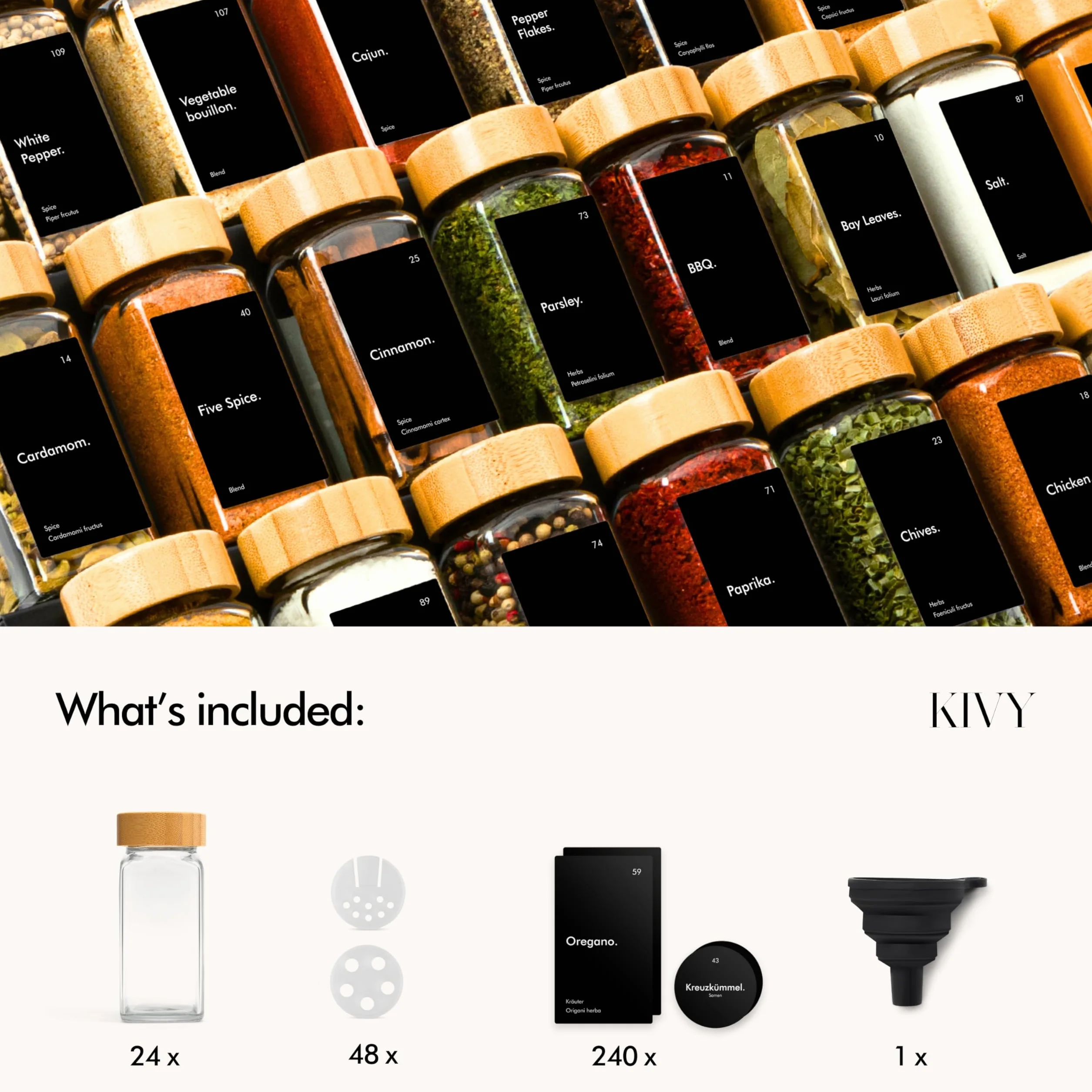 KIVY - Tarros herméticos cuadrados para especias (24 x 120 ml) con tapa de bambú negro (24 x 120 ml) + 240 etiquetas impermeables
