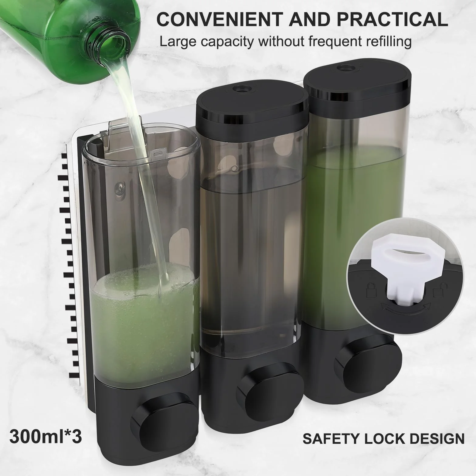 Dispensador de jabón de pared, dispensador para gel de ducha, juego de 3 dispensadores de jabón sin perforación, liberación uniforme del líquido, a prueba de fugas, adecuado para champú, gel de ducha