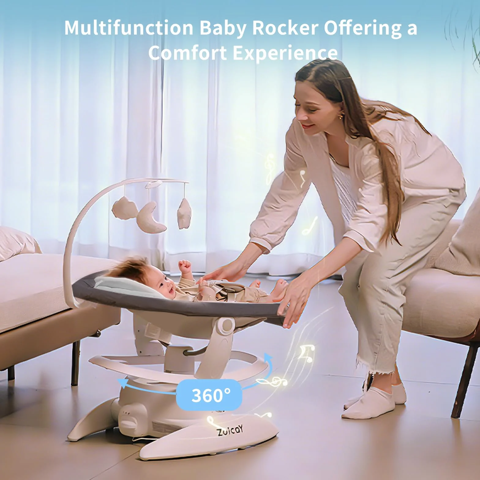 Mecedora Eléctrica para Bebé 3-en-1 Zoicay, 9 Modos, Giro 360°, Temporizador y Música, Control Remoto y Bluetooth, Gris
