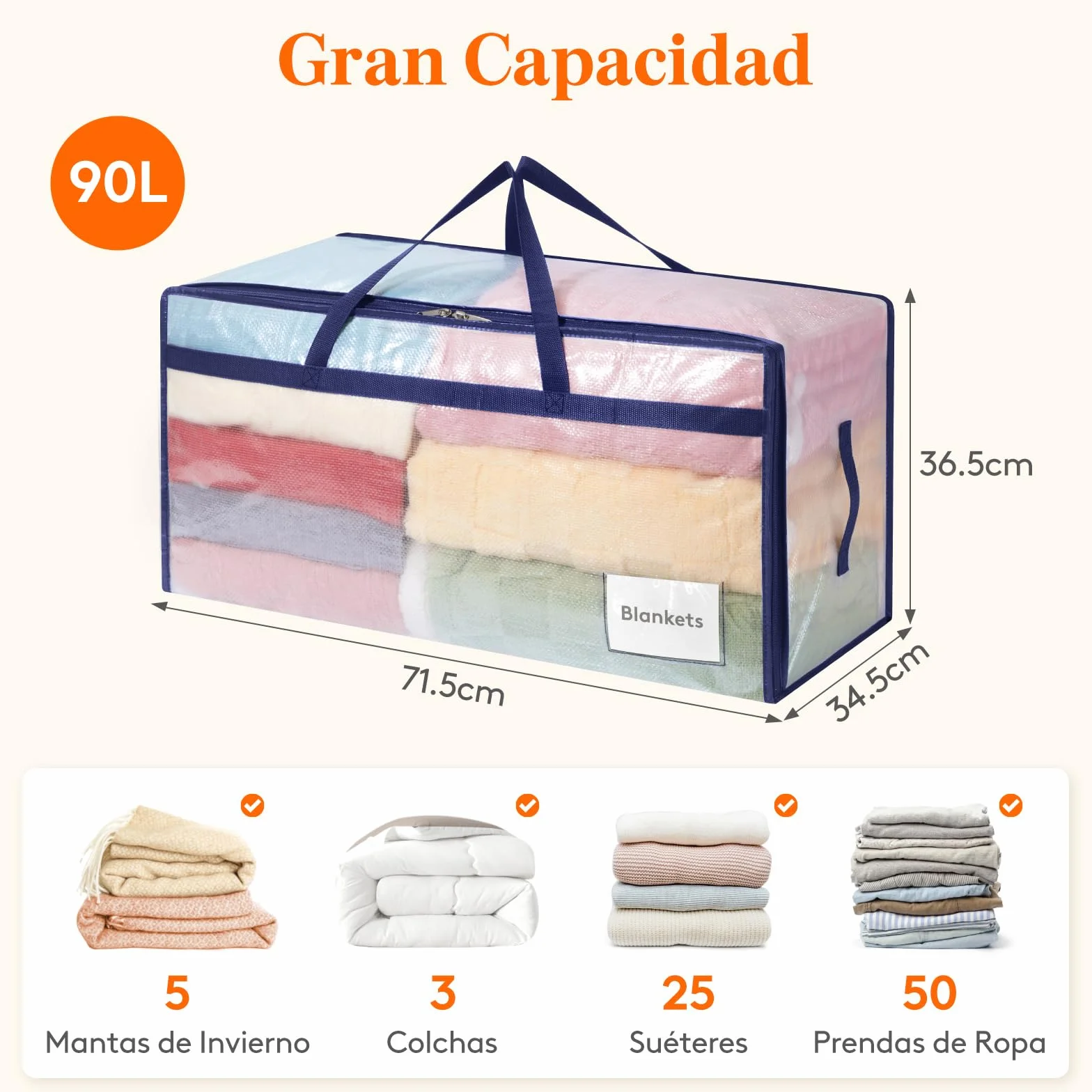 Lifewit Juego de 4 Bolsas Almacenaje Ropa 90 L, Bolsas Mudanza Grandes con Asas, Cajas Mudanza Plegables para Edredones, Mantas, Ropa, Transparente