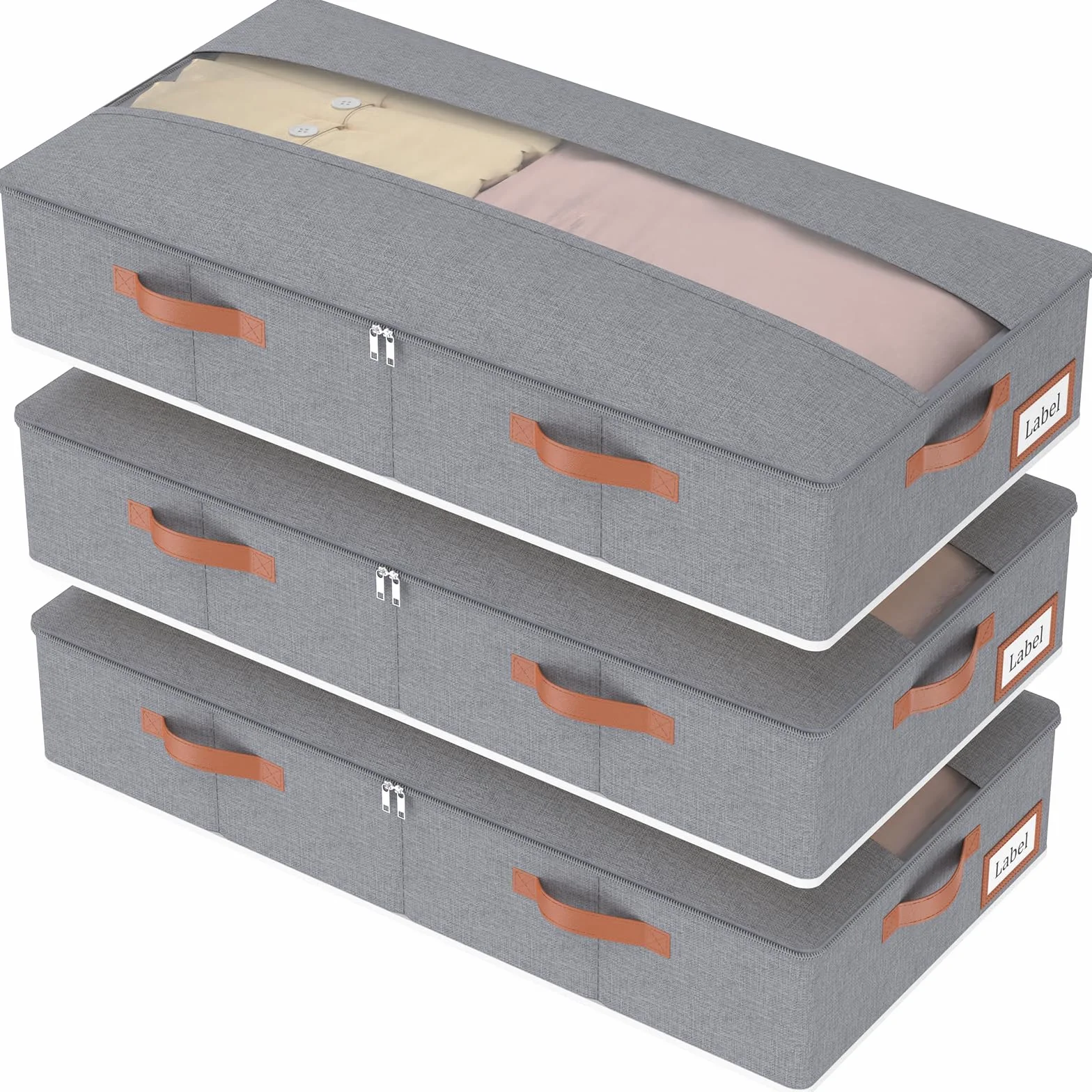 Yawinhe 48L Bolsas para Guardar Ropa Bajo la Cama,Gris,3 Piezas | Bolsa de Almacenamiento Debajo de la Cama,Caja de Almacenaje con Ventanas y Ranuras para Tarjetas Transparentes