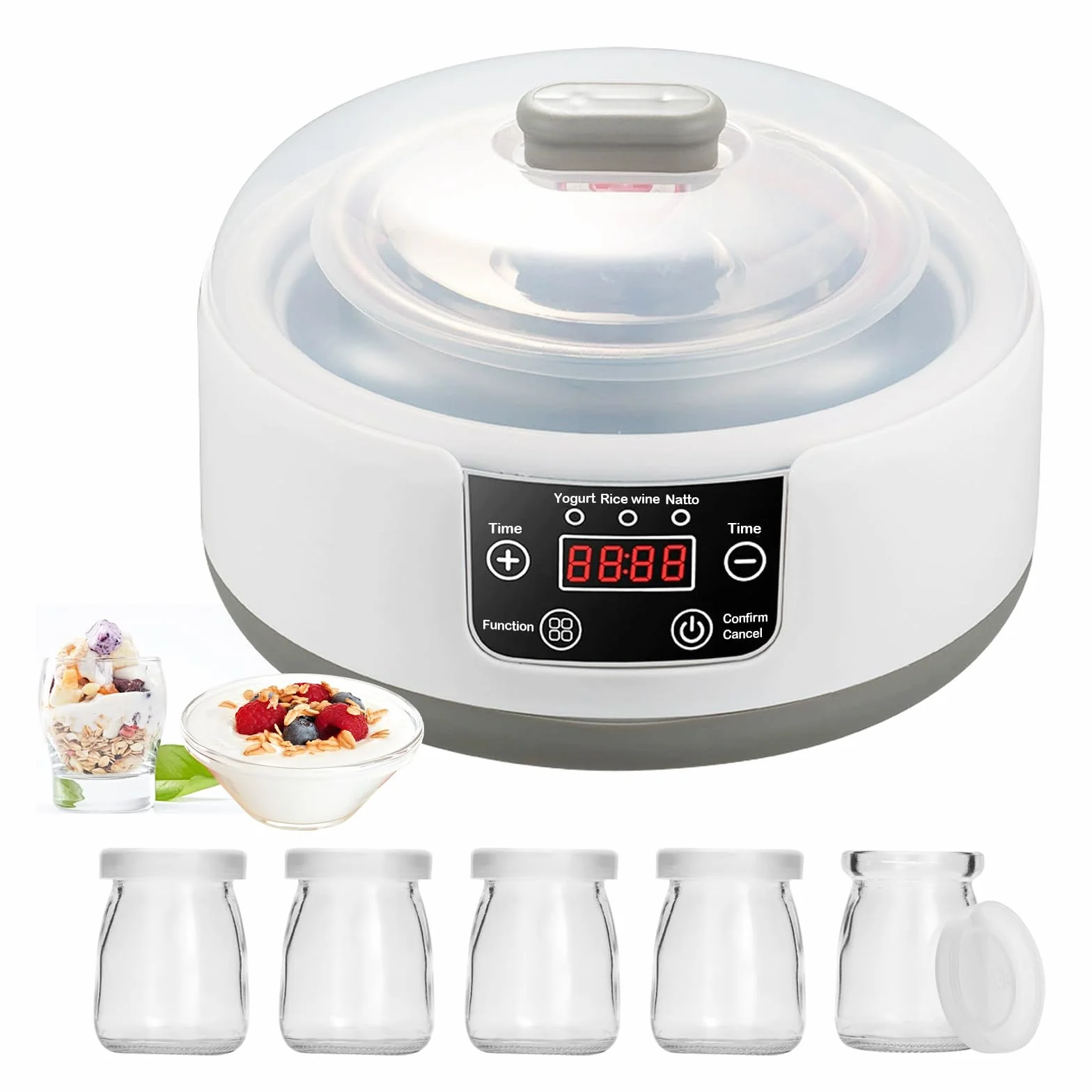 Aisny Yogurtera, Máquina de Yogur con Tazón de Yogur de Acero Inoxidable y 5 Tazas de Yogur 220V 15W Yogurtera Yogur Griego Casero para Hacer Yogur Orgánico Endulzado o Sin Azúcar
