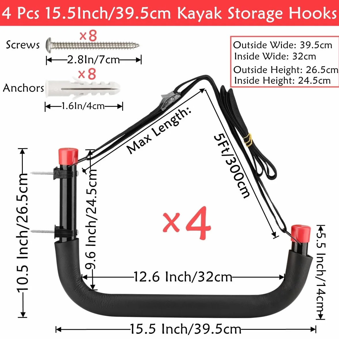 Soportes de almacenamiento para kayak de 39,5 cm, ganchos de pared para kayaks, SUP, tablas de surf, perchas resistentes con correas