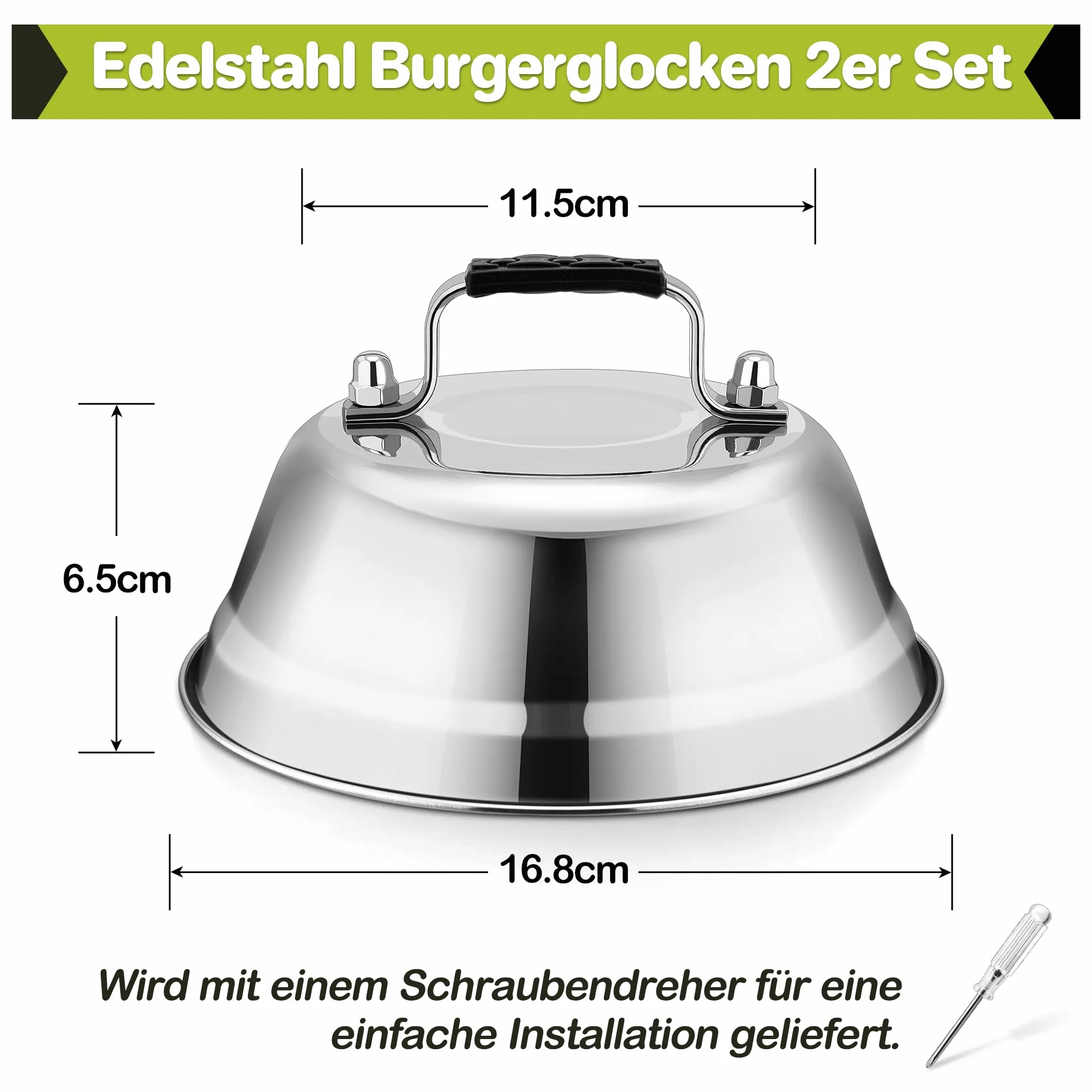 HaWare Campana para hamburguesas, 4 unidades, acero inoxidable, con mango de goma, para barbacoa, carne, queso, teppanyaki, exterior e interior, apto para lavavajillas, 16,8 x 6 cm