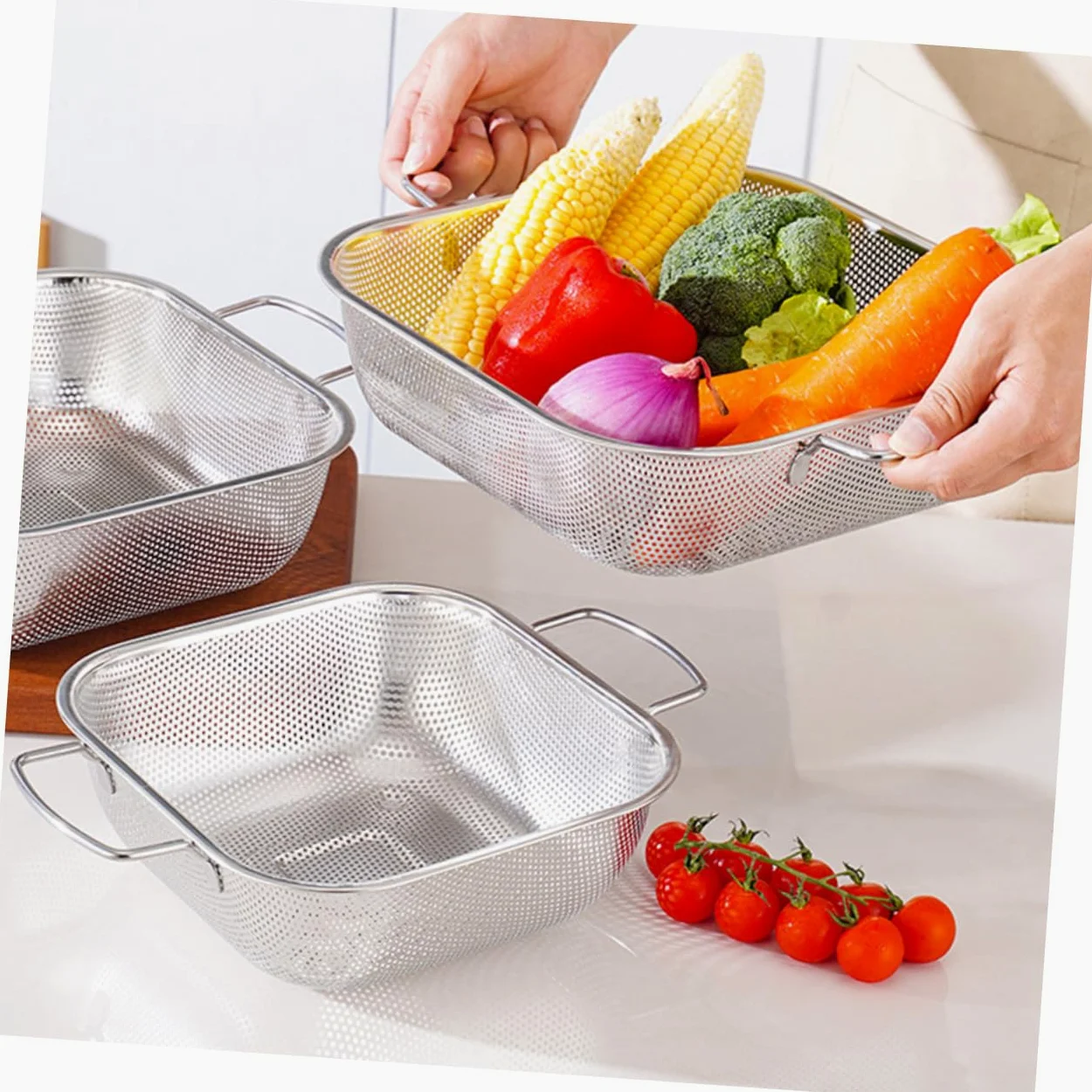 Colador Cuadrado de Acero Inoxidable con Doble Asa 1 Pieza | Plata, Vertido y Drenaje para Alimentos y Arroz, Diseño Simple y Práctico
