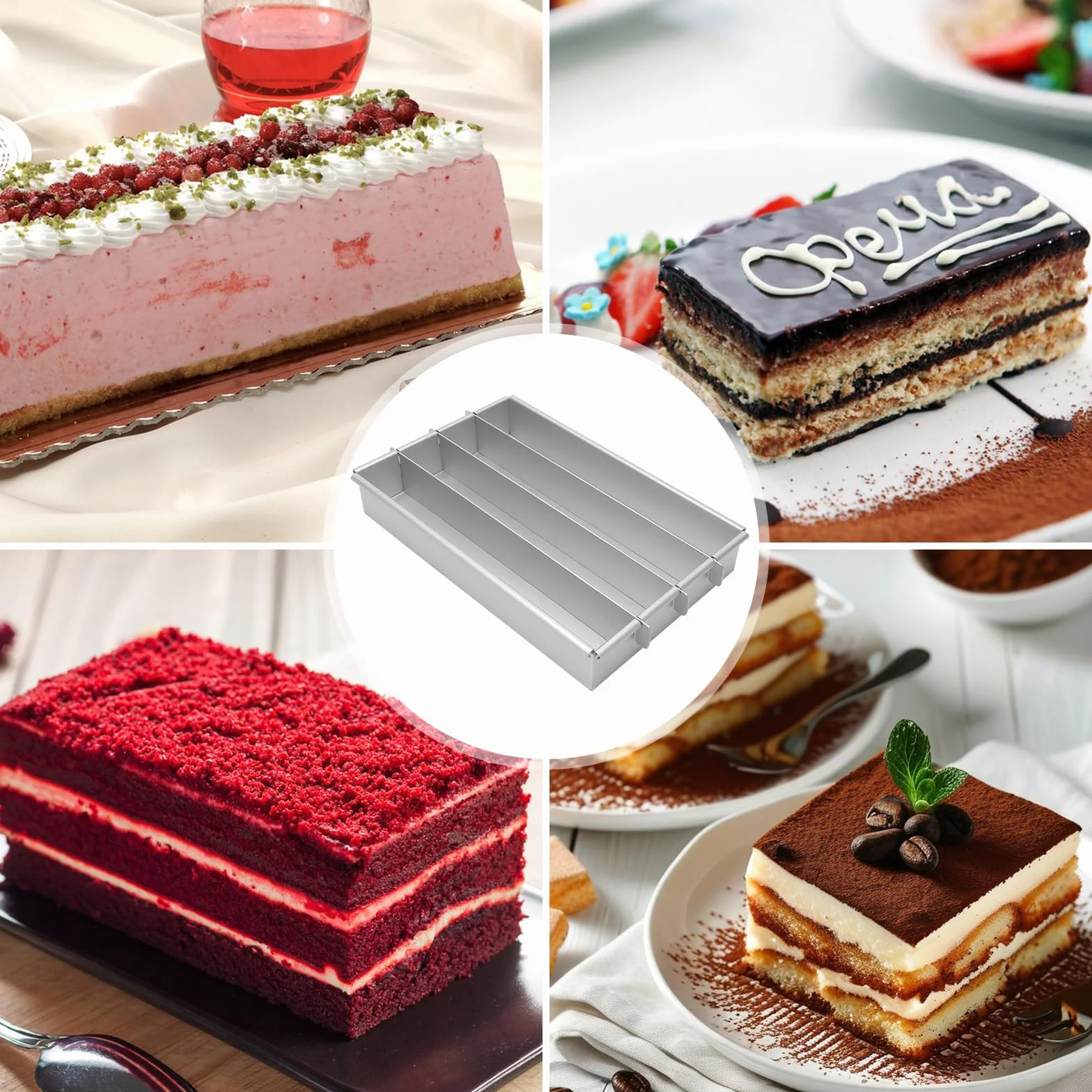 Gohytal Molde para hornear rectangular, ajustable, rectangular, de aleación de aluminio, con 4 compartimentos, molde rectangular para tartas, tostadas, panes, hornear, tartas en capas, tiramisú