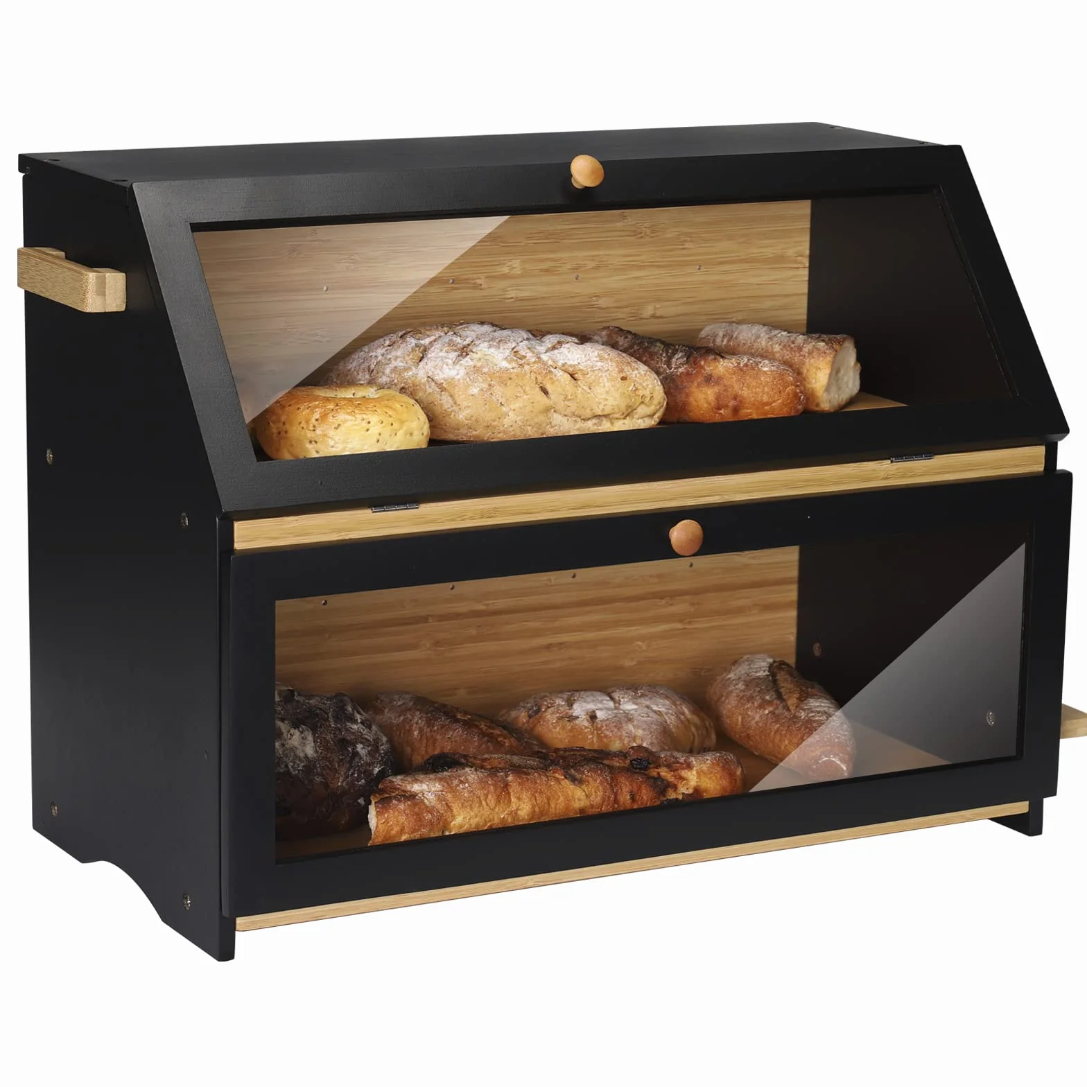 Leader Accessories Caja de Pan de Bambú de 2 Niveles, Recipiente de Pan con Tapa Frontal de Solapa, Botellas de Verduras y Especias del Gabinete de Pan, etc., 50 * 37 * 25 cm, Negro