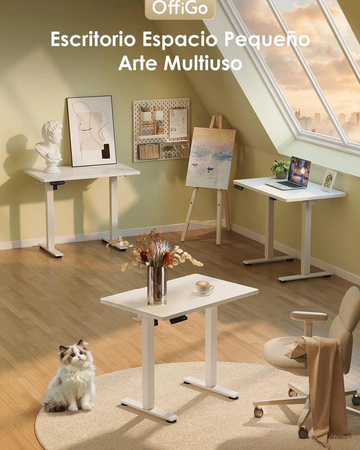 OffiGo Escritorio Elevable, 80 cm Escritorio Pequeño con 3 Memorias de Altura, Mesa Elevable Electrico para Estaciones de Trabajo en Casa, Mesa Ordenador Compacta para Espacios Pequeños, Blanco