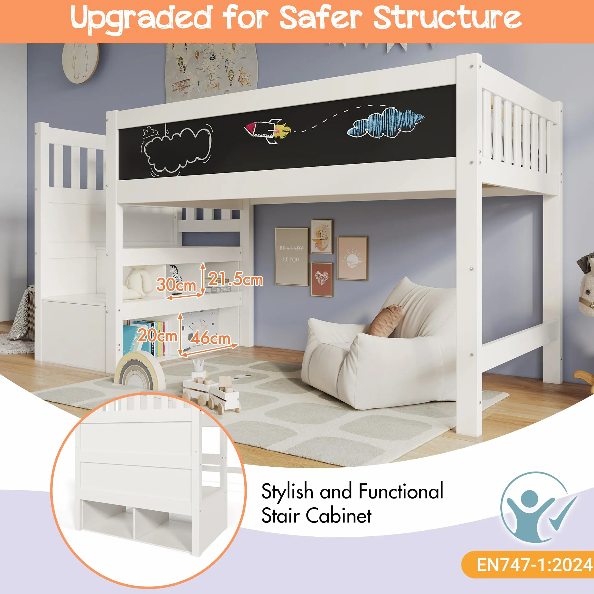 LAKFEW Cama Infantil Cama Alta 90x200 cm con Escalera de Almacenamiento y Pizarra, Camas Infantiles con Protección Anticaída, Cama para Niños, Camas Altas de Madera, Blanco, Sin Colchon