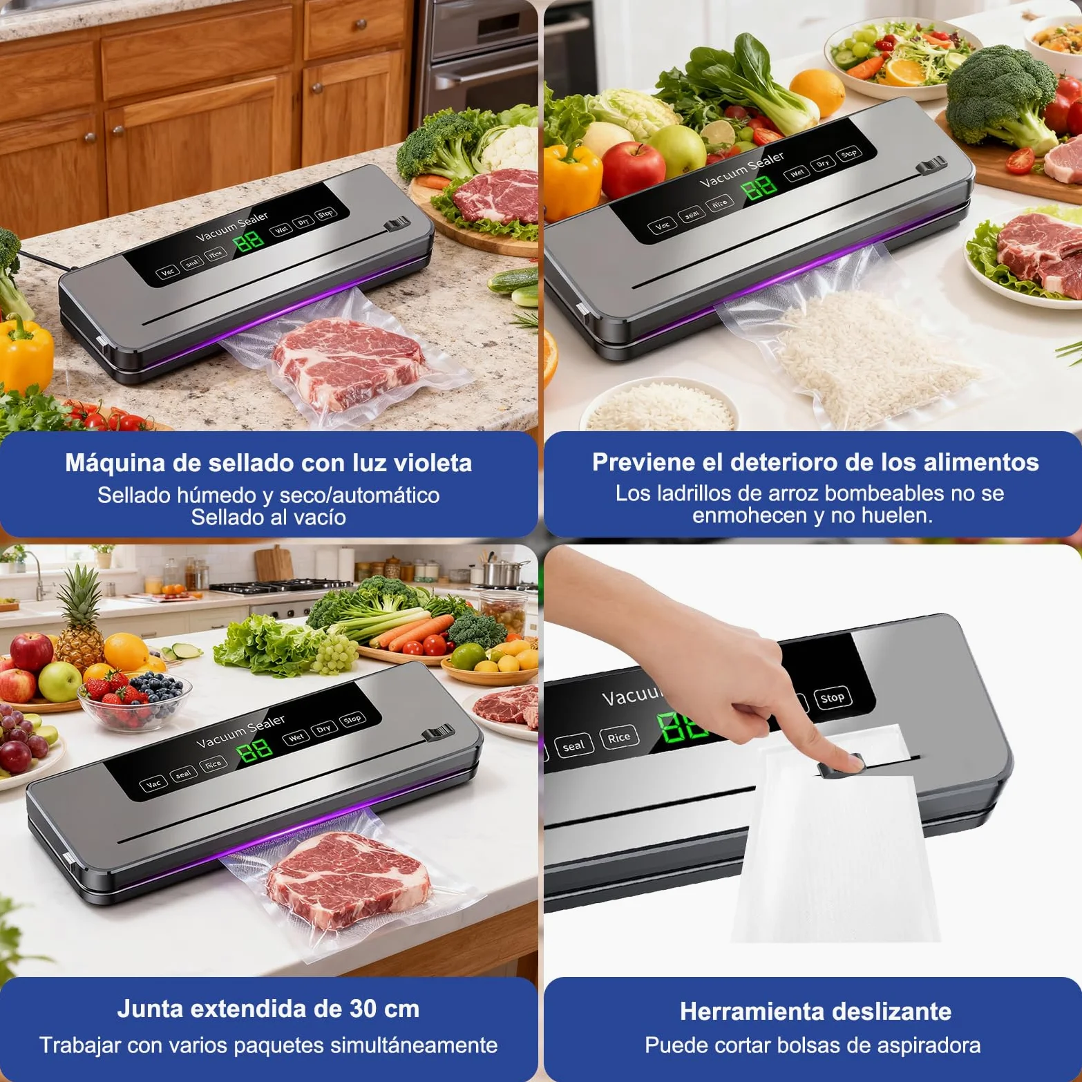 Máquina Selladora al Vacío de Alimentos, con 50 Bolsas de Vacío, Dispositivo de Envasadora al Vacio Multifuncional 5 en 1, con Modo húmedo y Seco Para Almacenar Frutas, Verduras, pan, Carne