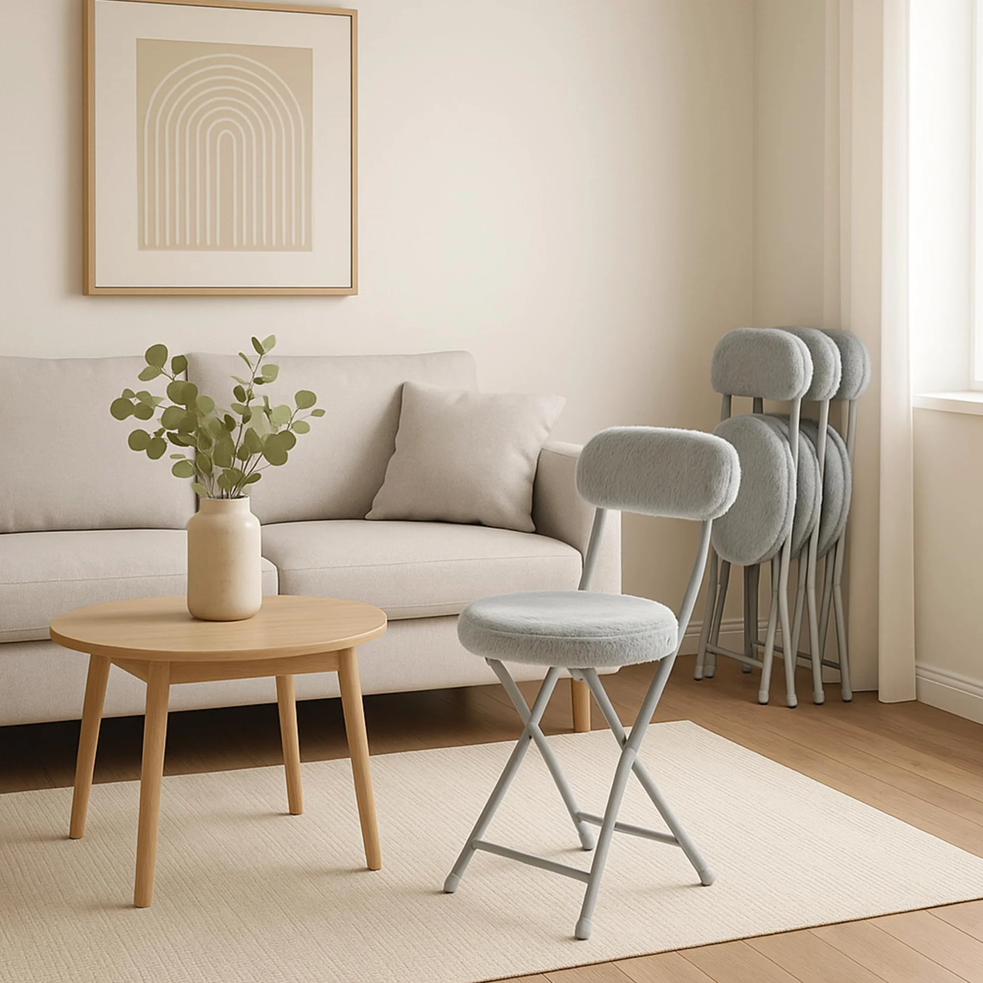 MEUBLE Cosy Juego de 4 Sillas Plegable Taburete con Respaldo y Reposapiés Tapizados de Piel, Estructura de Metal, Gris