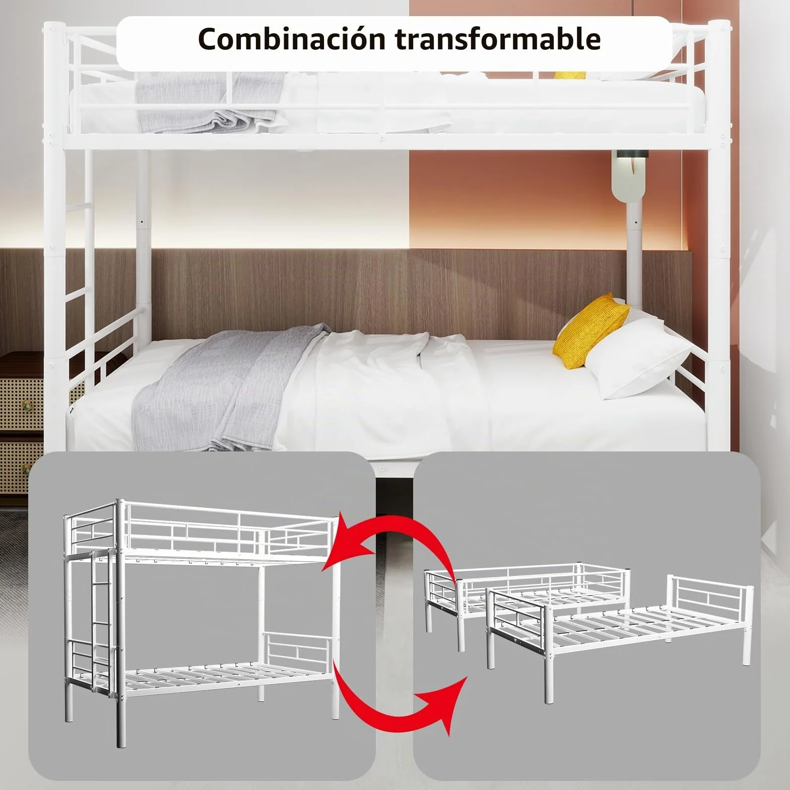 Litera de hierro, 90 x 190 cm, estructura metálica con escalera y barandilla, convertible en dos camas, apta para adolescentes y adultos (sin colchón) (blanco)