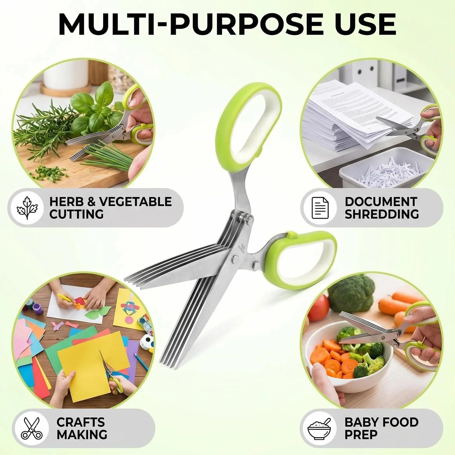 Tijeras Para Hierbas, Tijeras Cocina Acero, 5 Cuchillas De Acero Inoxidable, Con Tapa De Seguridad Y Cepillo De Limpieza, Para Cortar Hierbas, Hierbas, Pimientos, Perejil, Cebolla