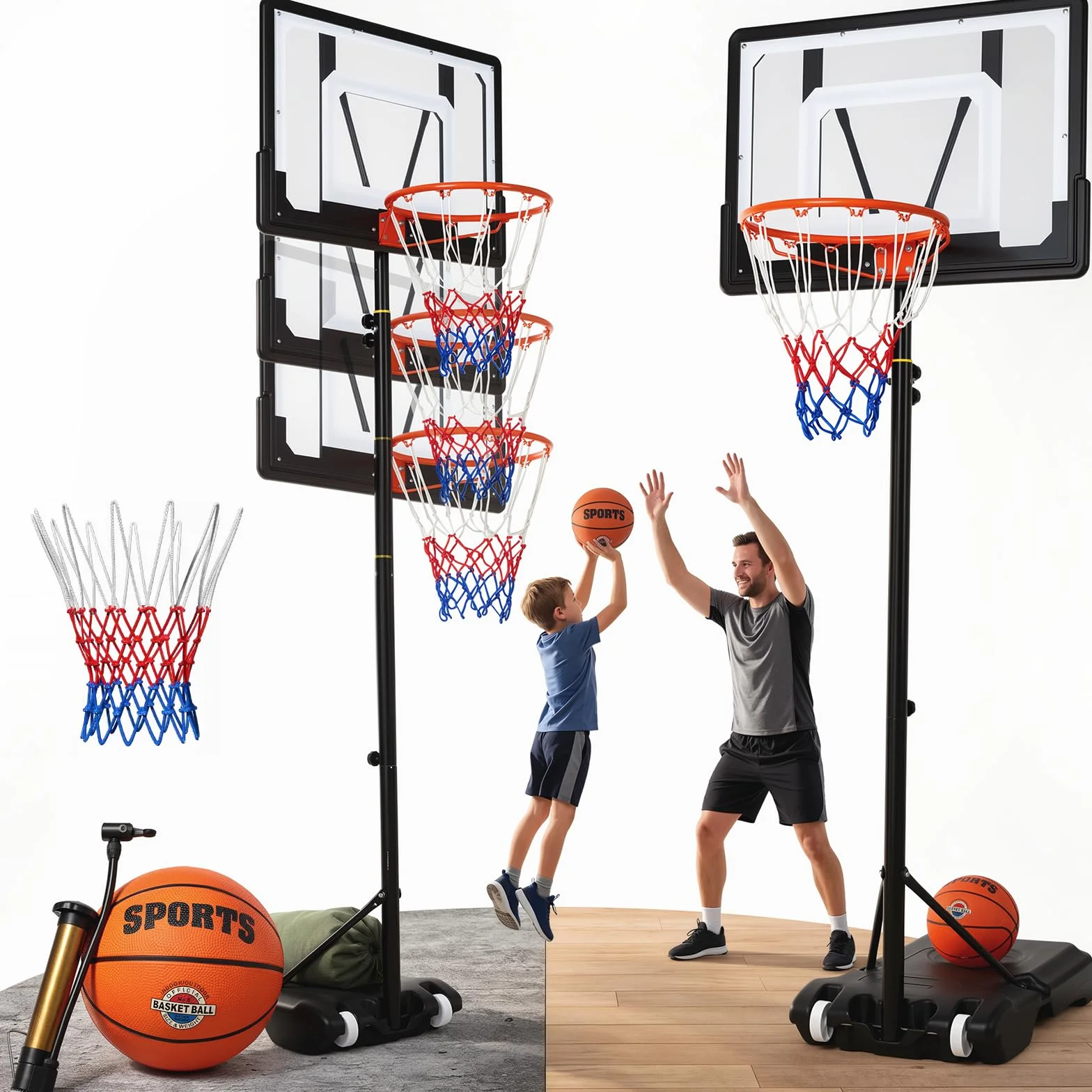 VOWNER Canasta de baloncesto exterior regulable altura soporte base ampliada saco arena incluye pelota bomba móvil equipo niños