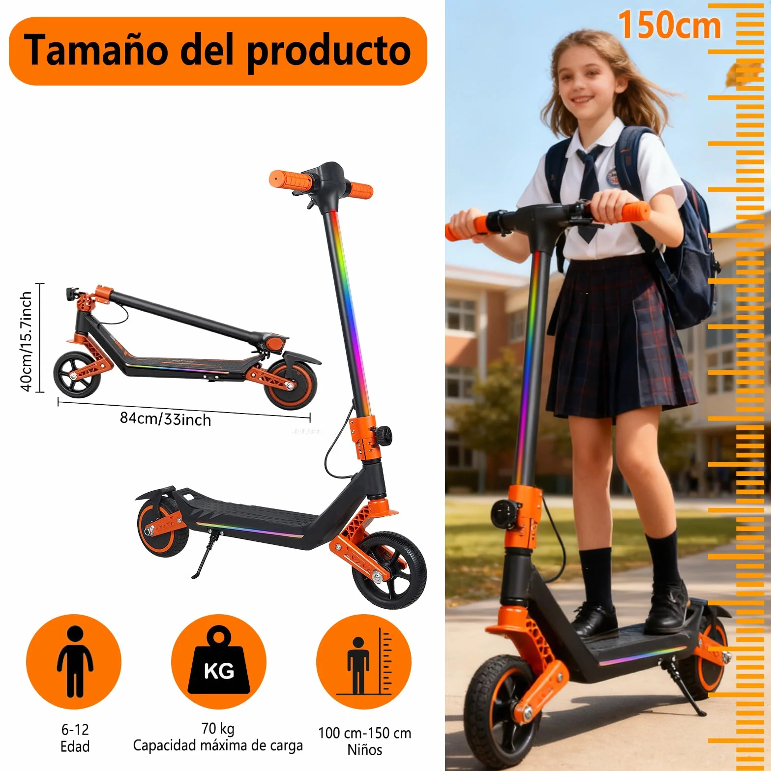 Patinete eléctrico para niños Doble suspensión Luces Arco Iris LED Alcance 12 km