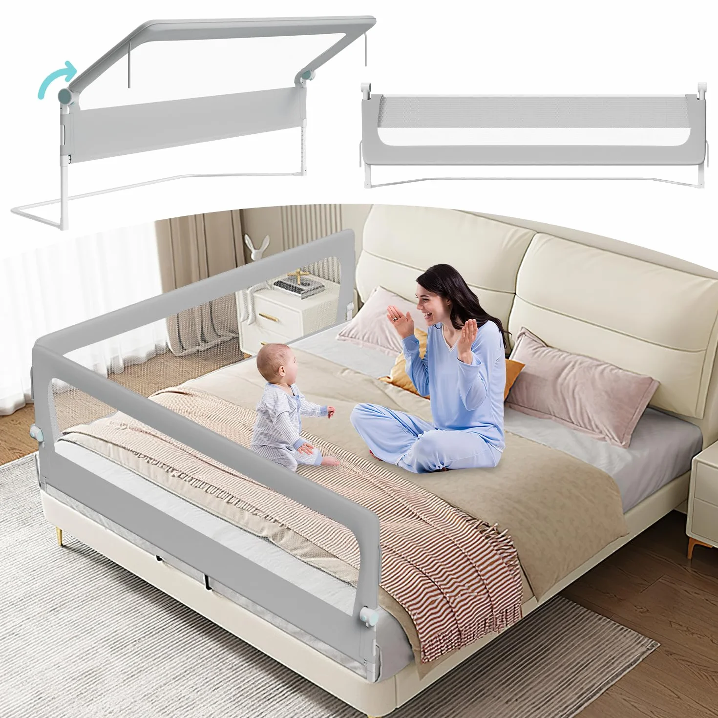 Barrera para cama de 180 cm, protección contra caídas, plegable 180 grados, altura ajustable 72-86 cm, rejilla para cuna con patas trapezoidales y correas de fijación, gris